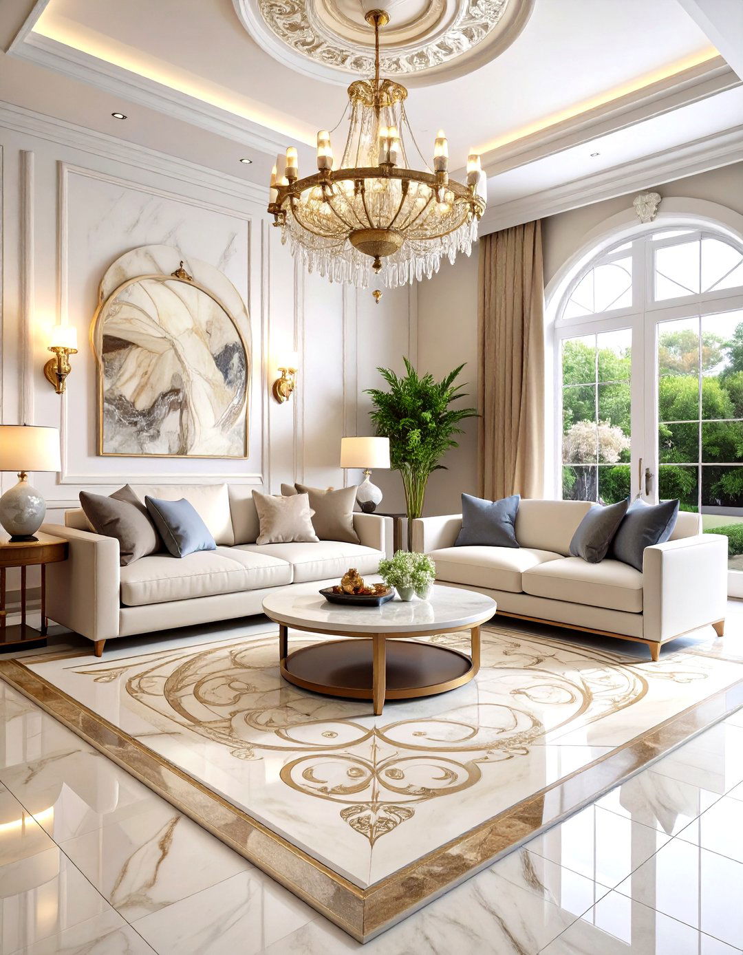 Waterjet Mosaic Rug Centerpiece - 20 Marble Floor Living Room Ideas