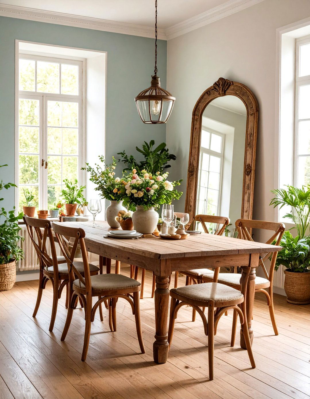 Weathered Mirror Amplifies Light and Space - 20 French Country Dining Room Ideas