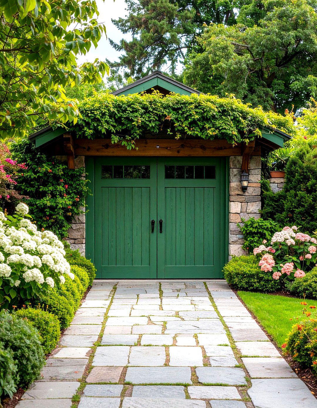 Weathered Moss Green Garage Door in Reclaimed Wood Finish - 20 Green Garage Door Ideas
