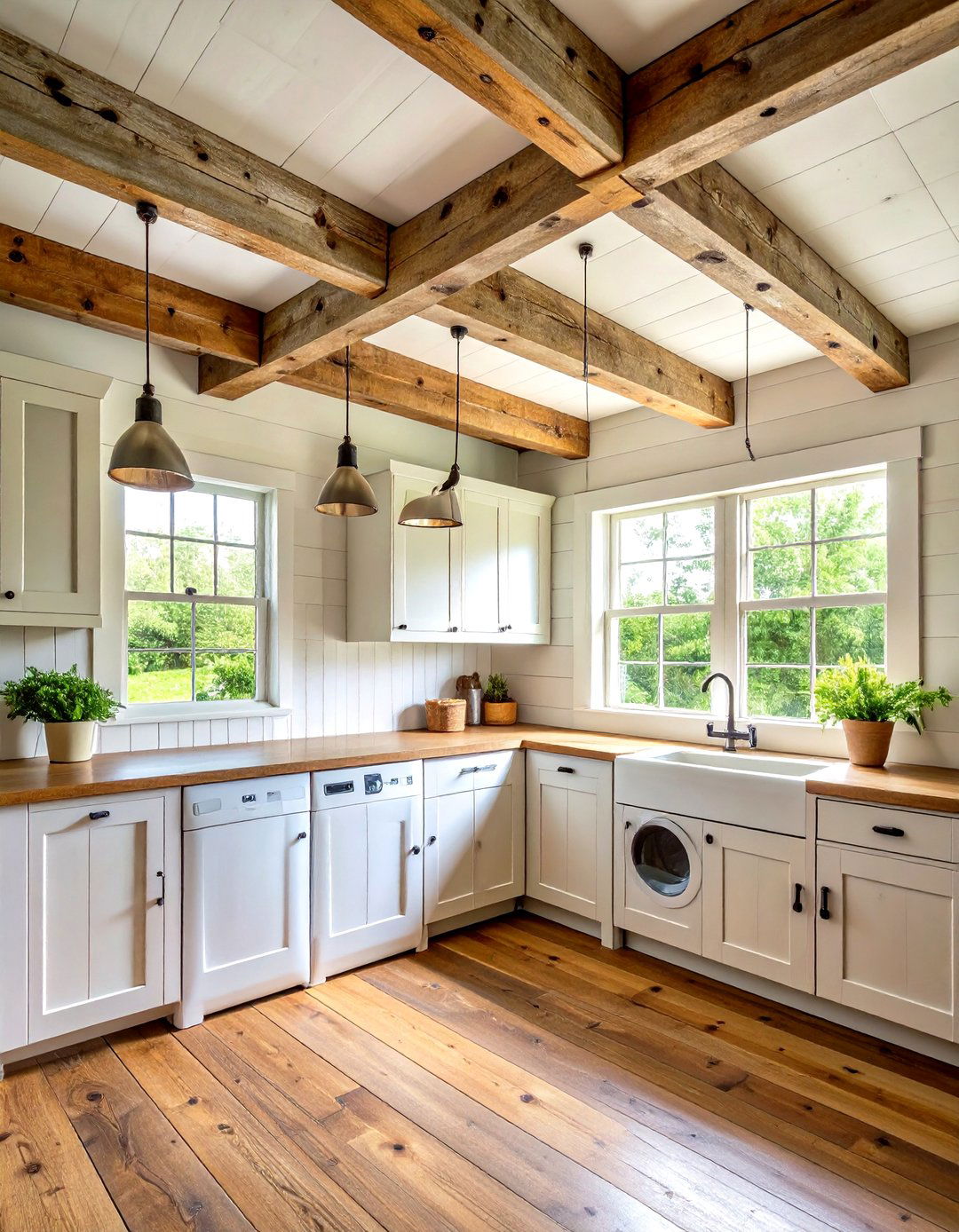 Weathered Wood Ceiling Beams - 20 Farmhouse Laundry Room Ideas