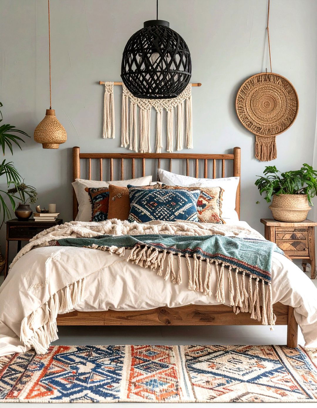 Weave Boho Spirit with Macrame and Block Prints - 20 Cream and Black Bedroom Ideas