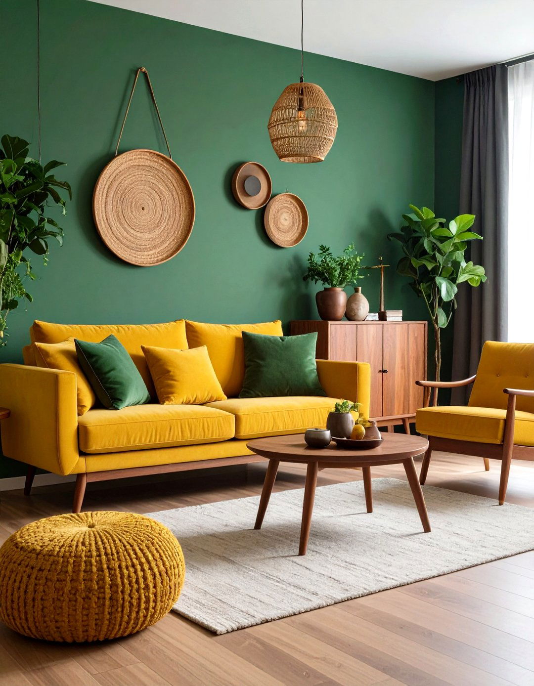 Weave in Mustard and Mid Century Touches - 20 Forest Green Living Room Ideas