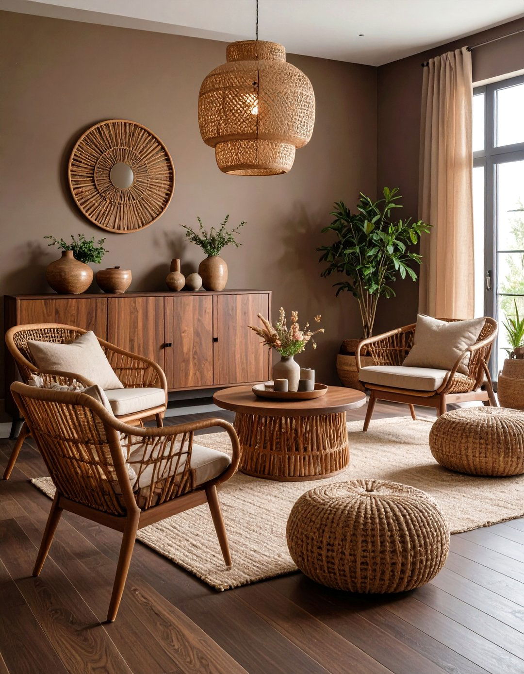 Weave in Wicker or Rattan for Casual Warmth - 20 Dark Brown Floor Living Room Ideas