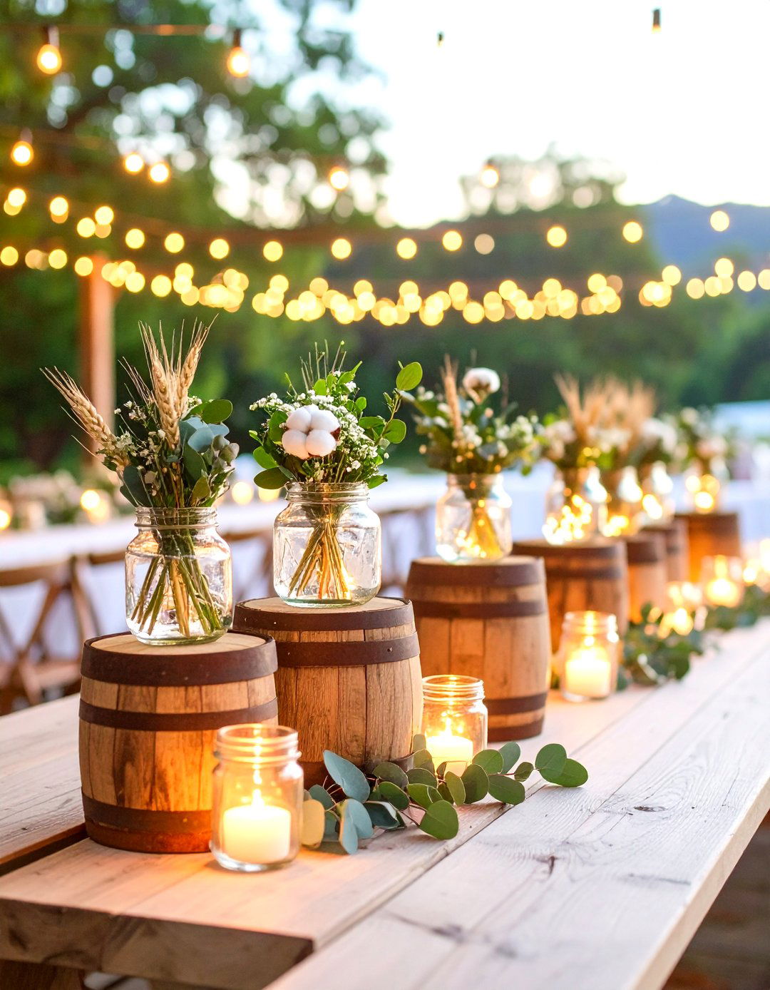 Whiskey Barrel Stave Rustic Wedding Centerpieces with Linear Arrangements - 20 Rustic Wedding Centerpieces