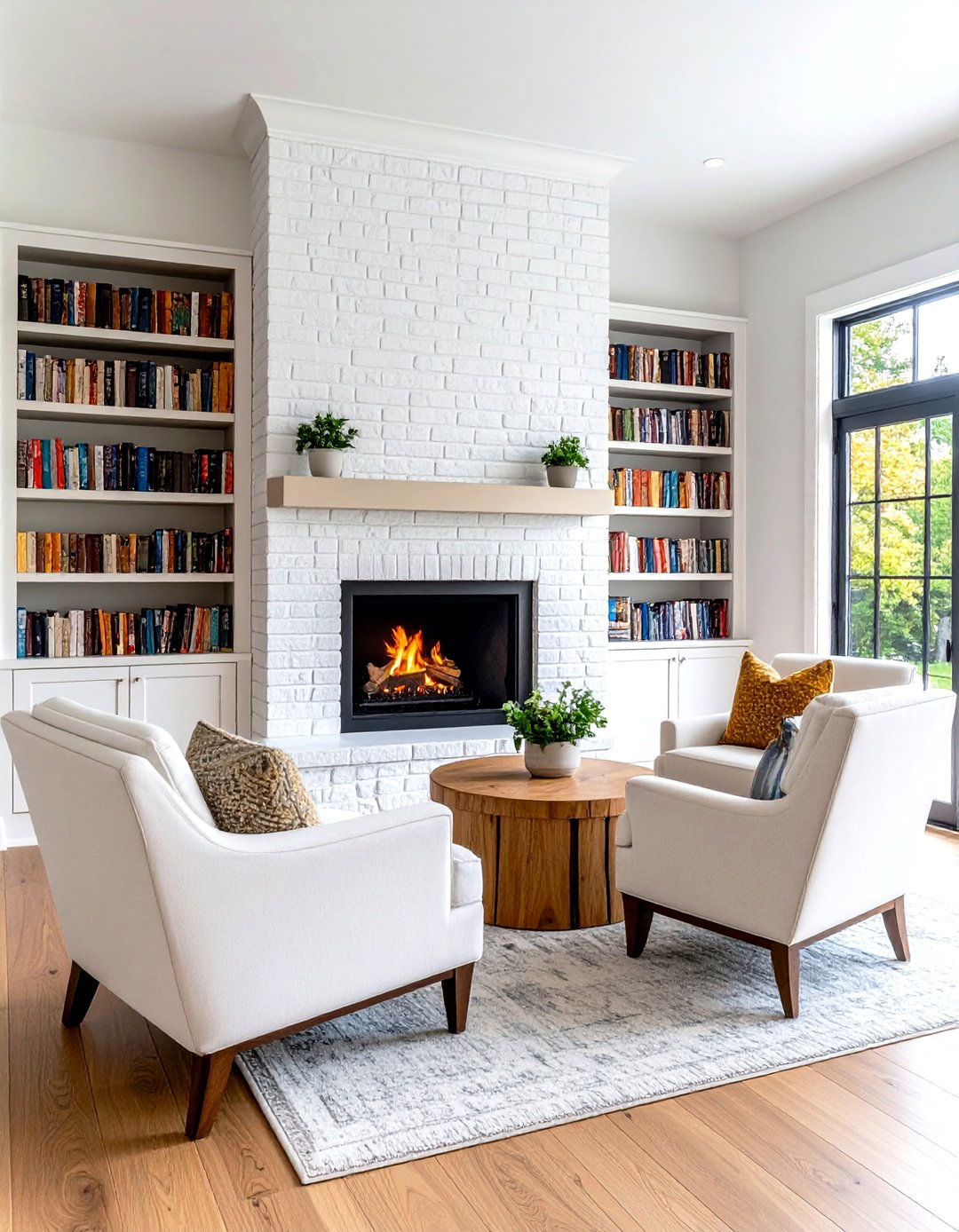 White Brick Fireplace with Built in Bookshelves - 20 White Brick Fireplace Ideas