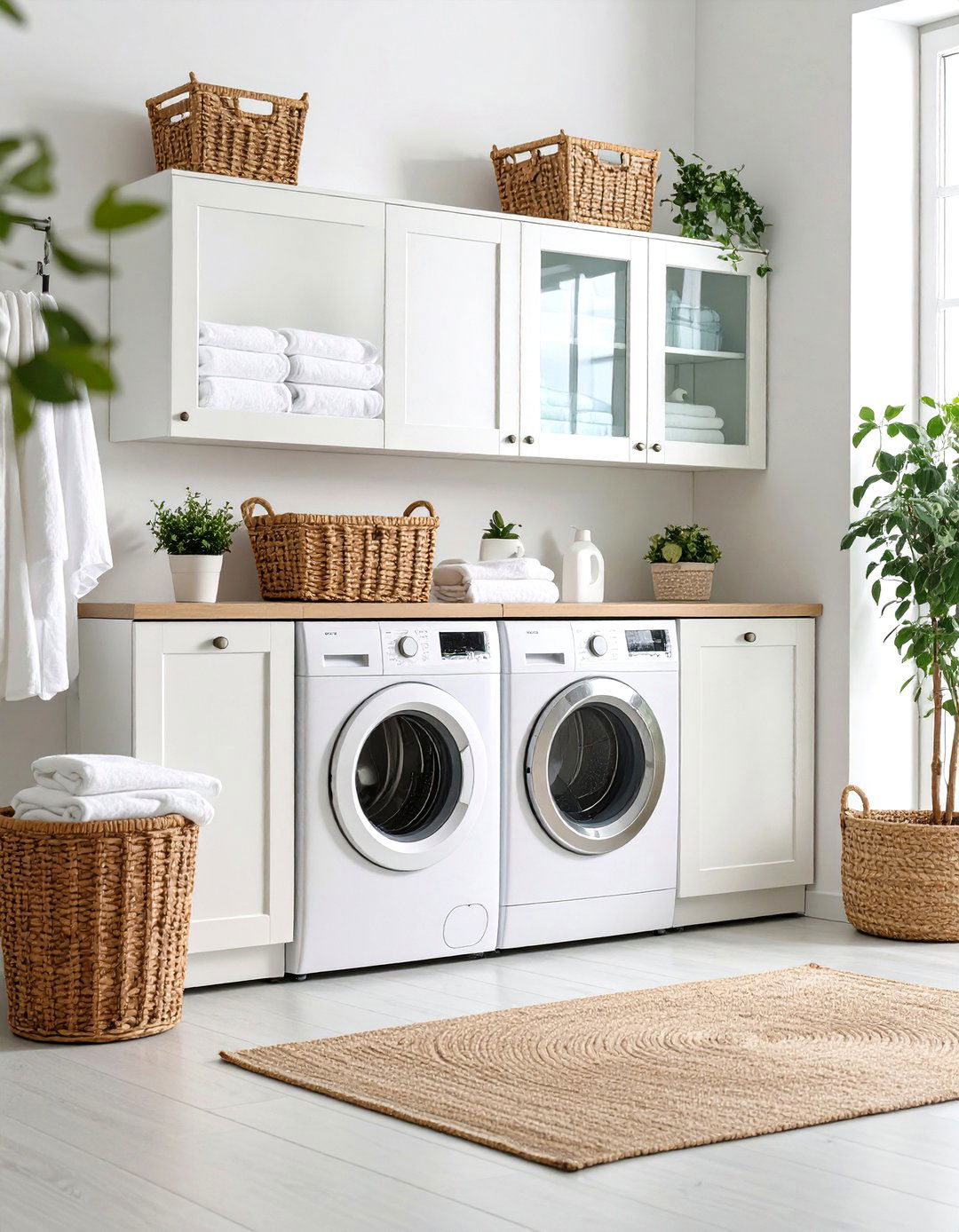 White Cabinet Laundry Room with Glass Front Doors - 20 White Laundry Room Ideas