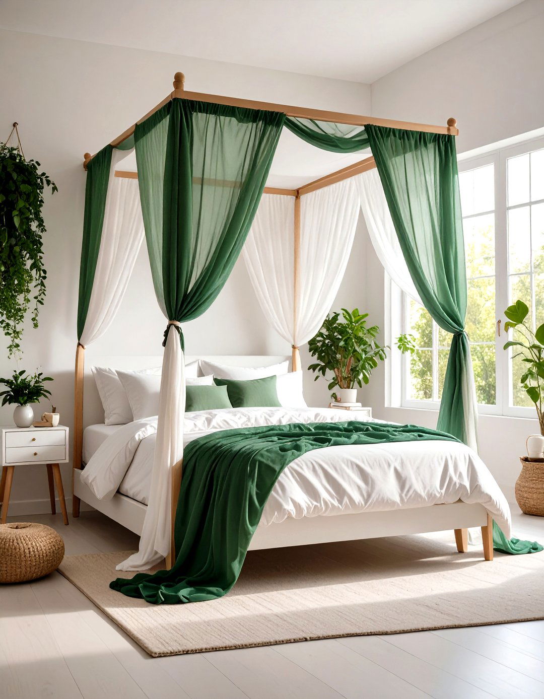 White Canopy Bed Draped in Sheer Green Gauze - 20 Green and White Bedroom Ideas