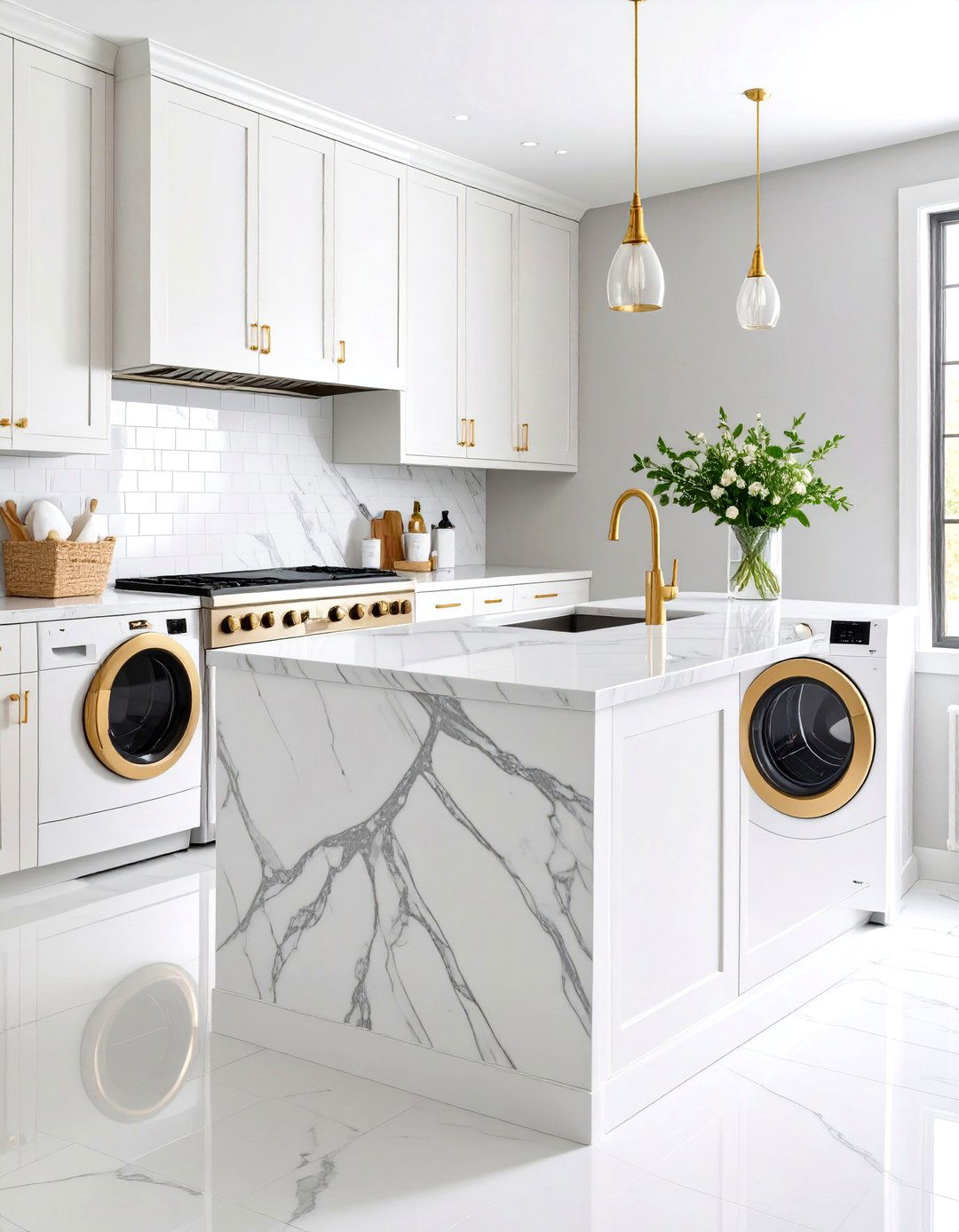 White Carrara Marble Laundry Room Countertop - 20 Laundry Room Countertop Ideas