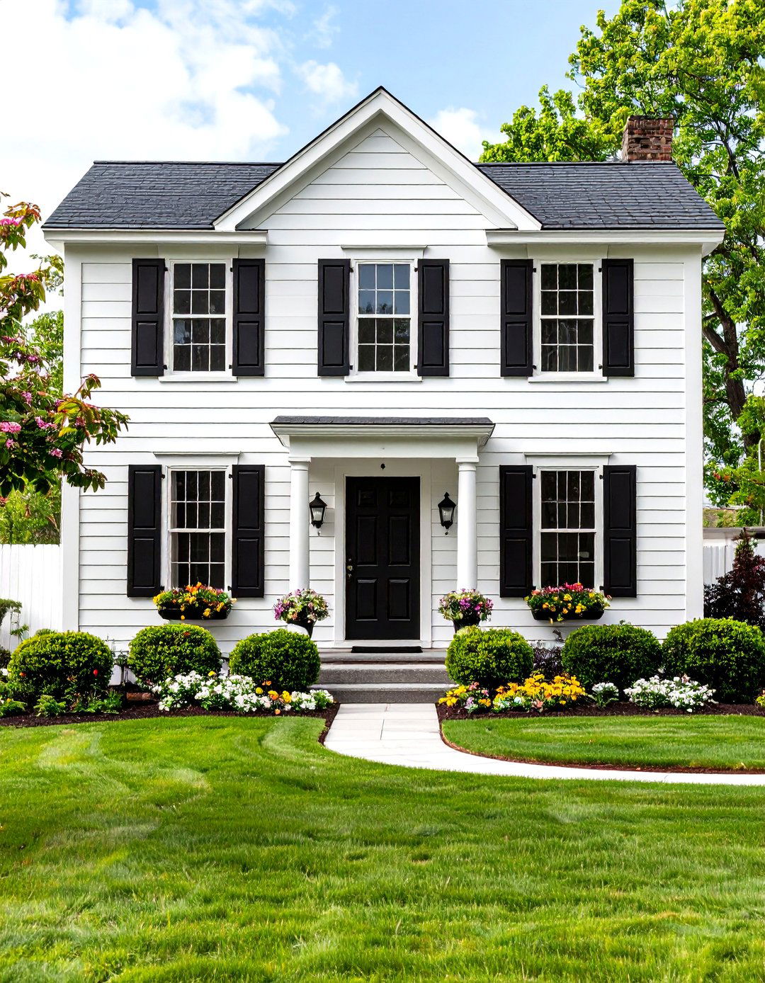 White Colonial Black and White House Exterior with Black Shutters - 20 Black and White House Exterior Ideas