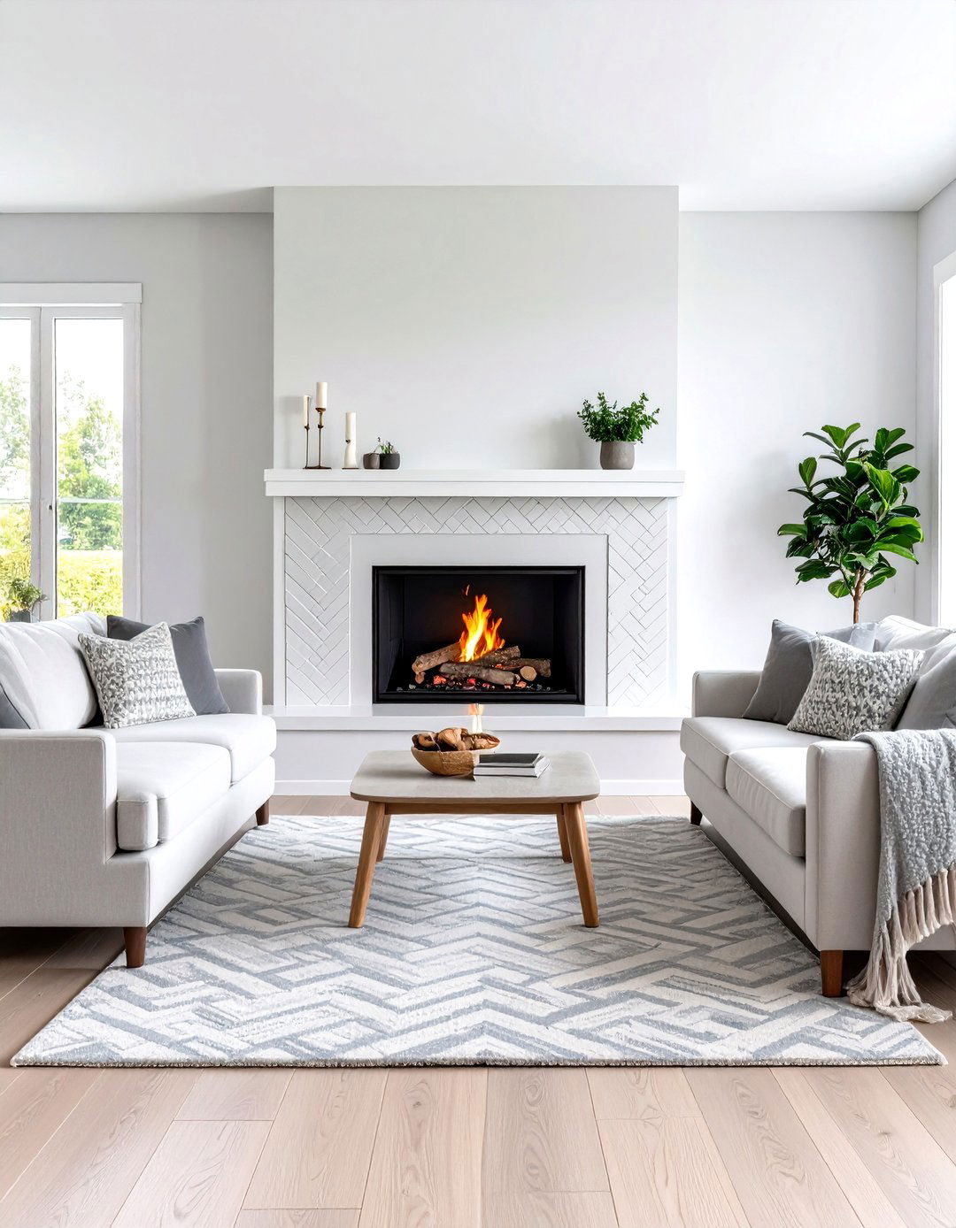 White Concrete Fireplace with Herringbone Tile Surround - 20 Concrete Fireplace Ideas