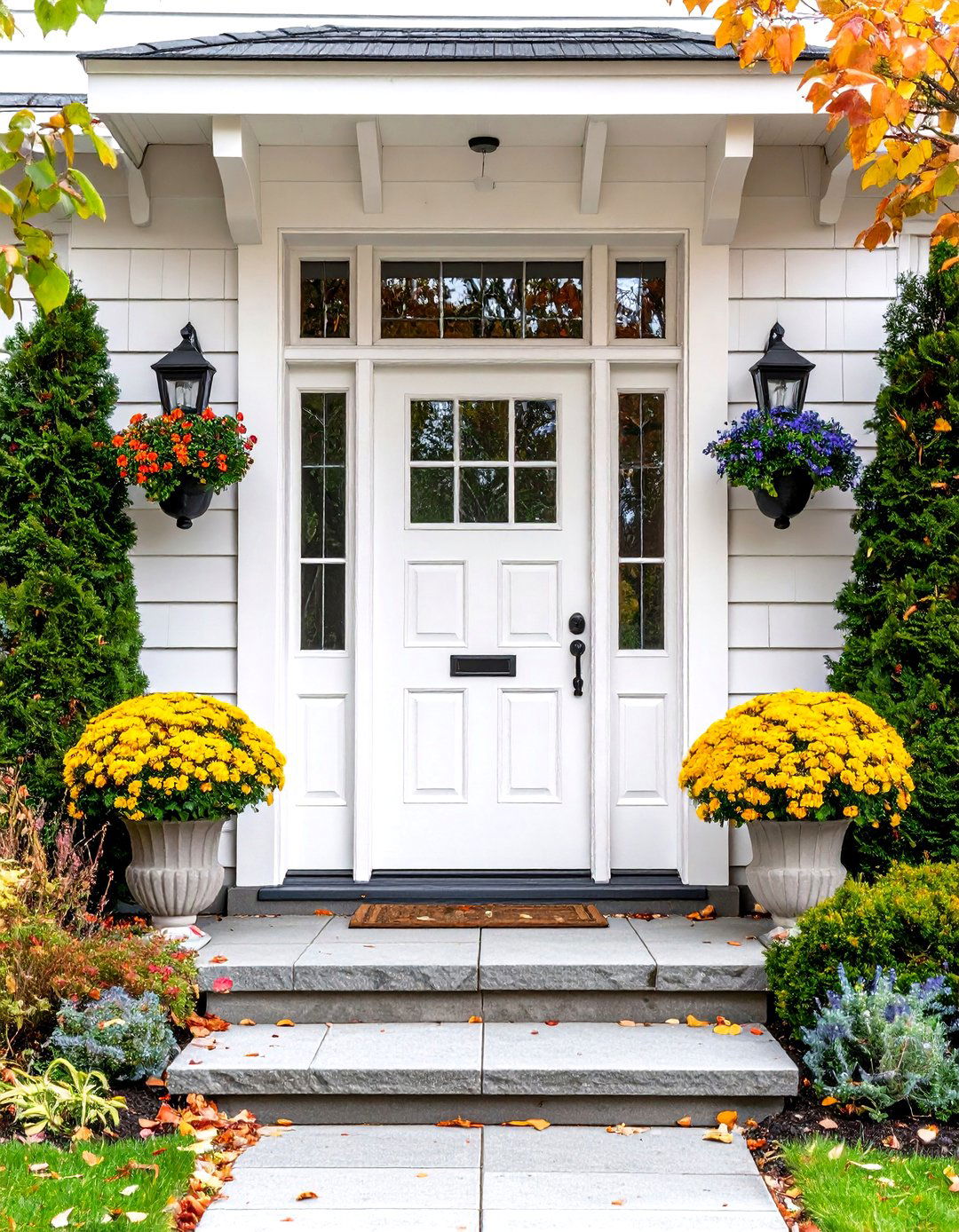 White Craftsman Front Door with Geometric Glass - 20 White Front Door Ideas