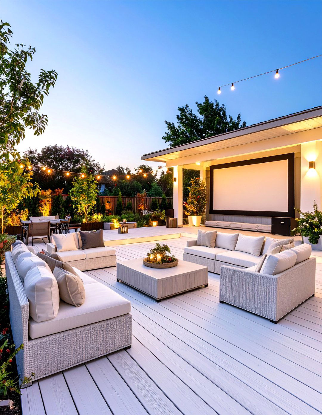 White Deck with Entertainment Center and Outdoor Theater Setup - 20 White Deck Ideas