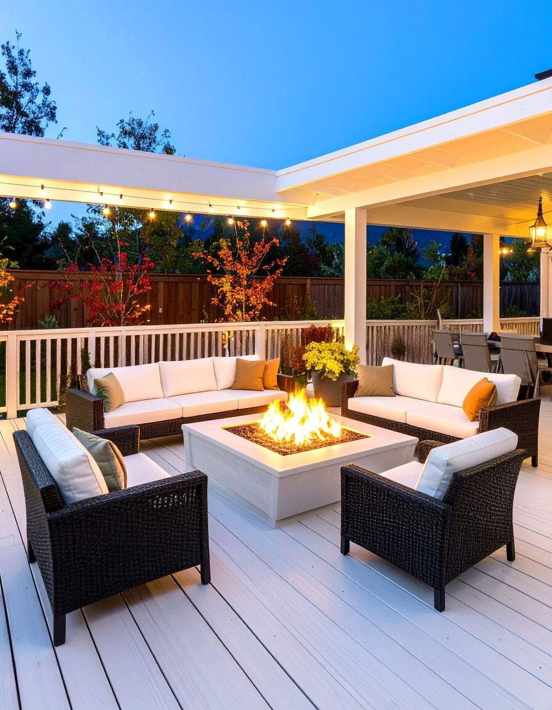 White Deck with Integrated Fire Pit Entertainment Area - 20 White Deck Ideas