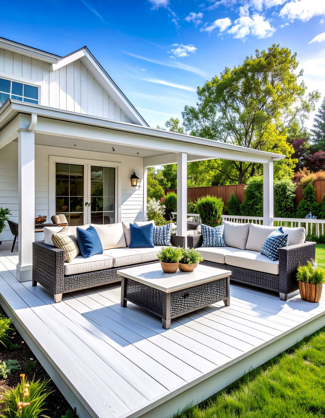 White Deck with Outdoor Living Room Setup and Weather Protection - 20 White Deck Ideas