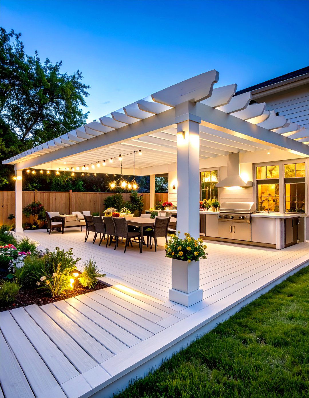 White Deck with Pergola and Outdoor Kitchen Integration - 20 White Deck Ideas