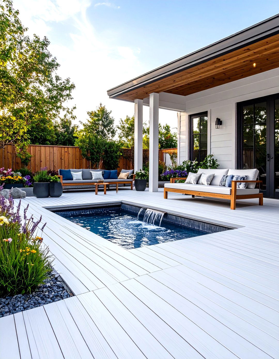 White Deck with Water Feature Integration and Zen Elements - 20 White Deck Ideas