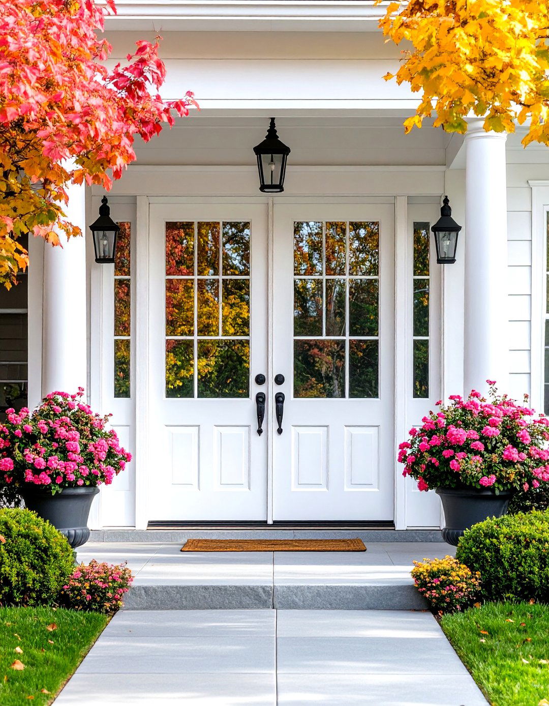 White Double Front Doors with Matching Elements - 20 White Front Door Ideas