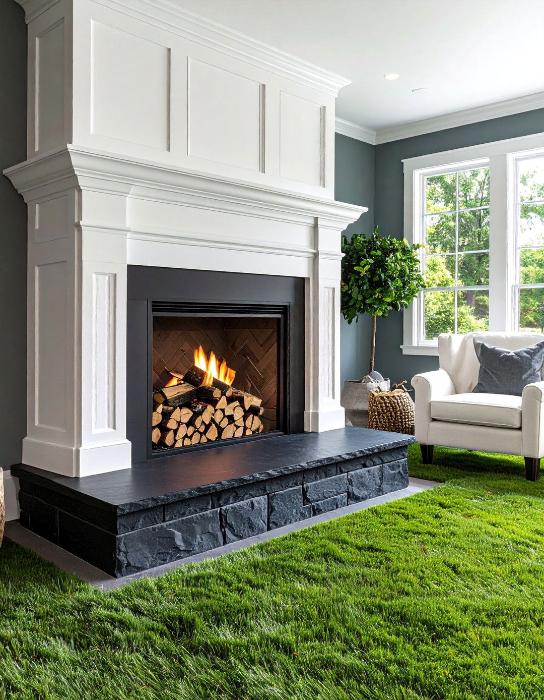 White Fireplace With Black Slate Bench Hearth - 20 Black and White Fireplace Ideas