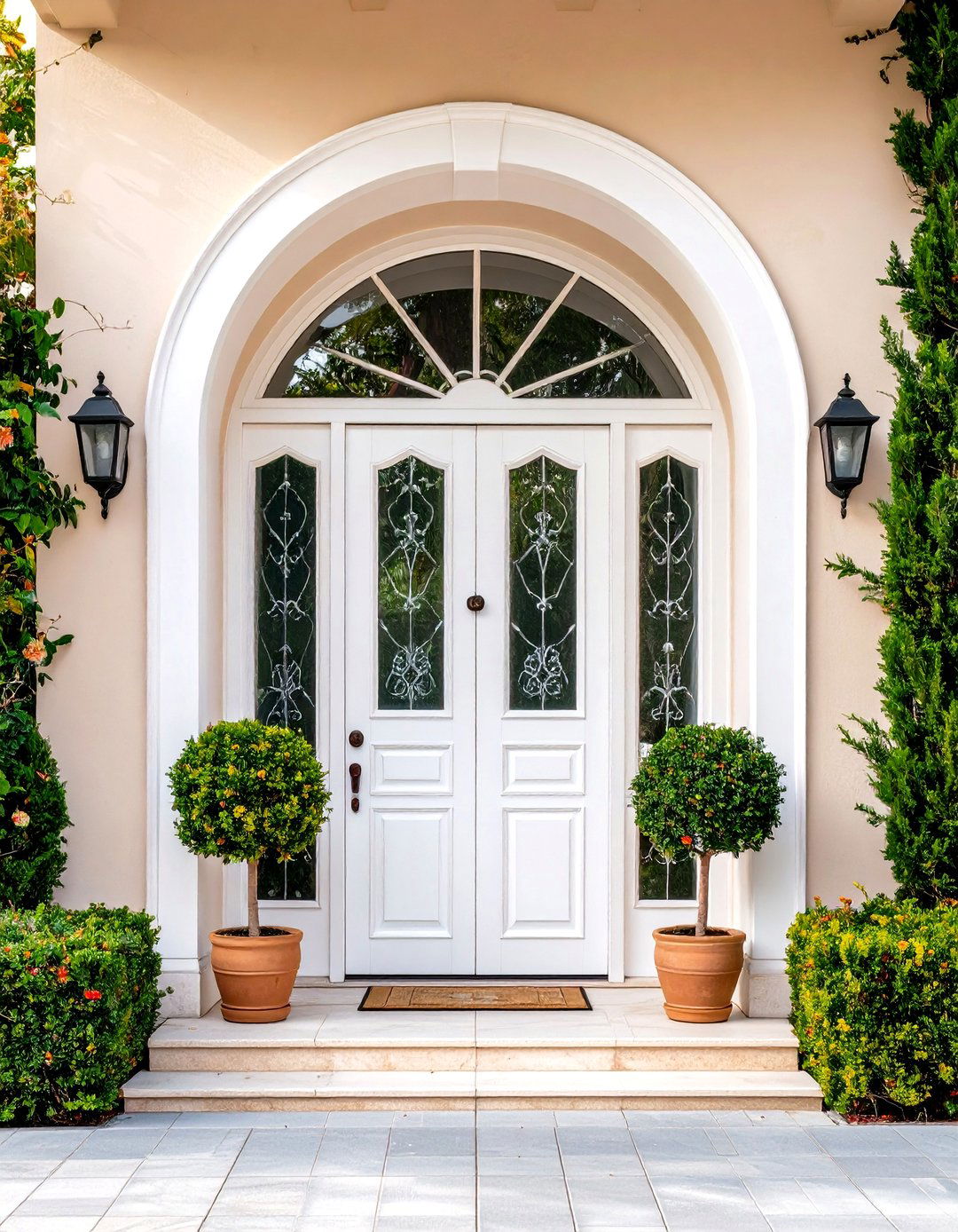 White Front Door with Arched Glass Panels - 20 White Front Door Ideas