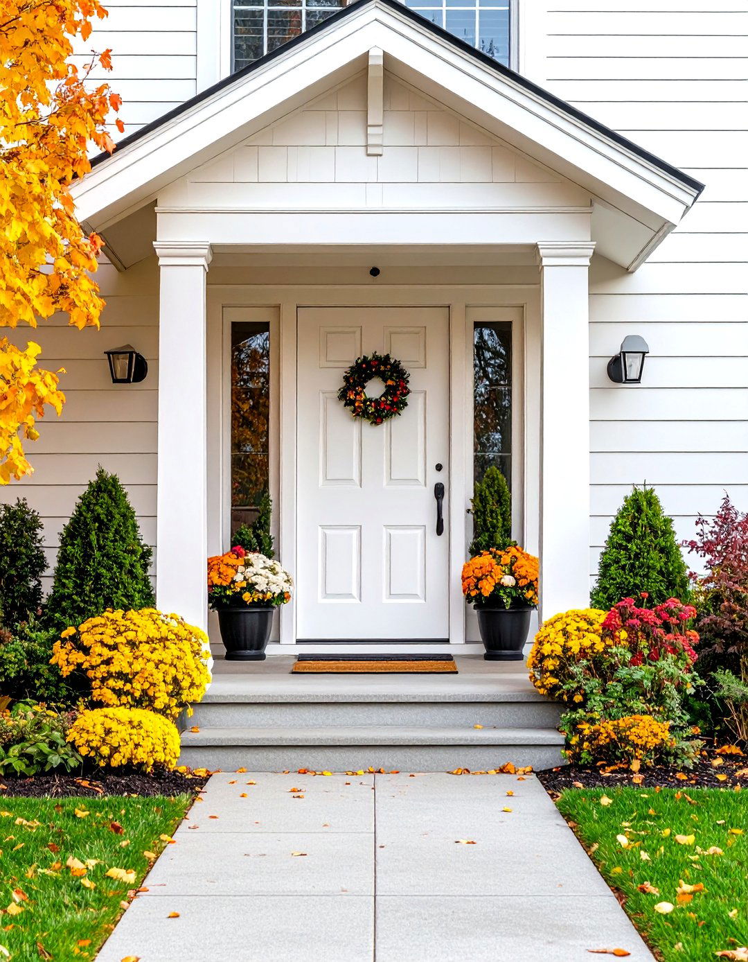 White Front Door with Dentil Shelf Detail - 20 White Front Door Ideas