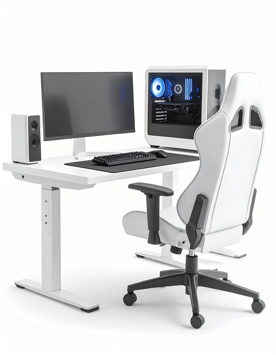 White Gaming Setup with Adjustable Standing Desk - 20 All White Gaming Setup Ideas