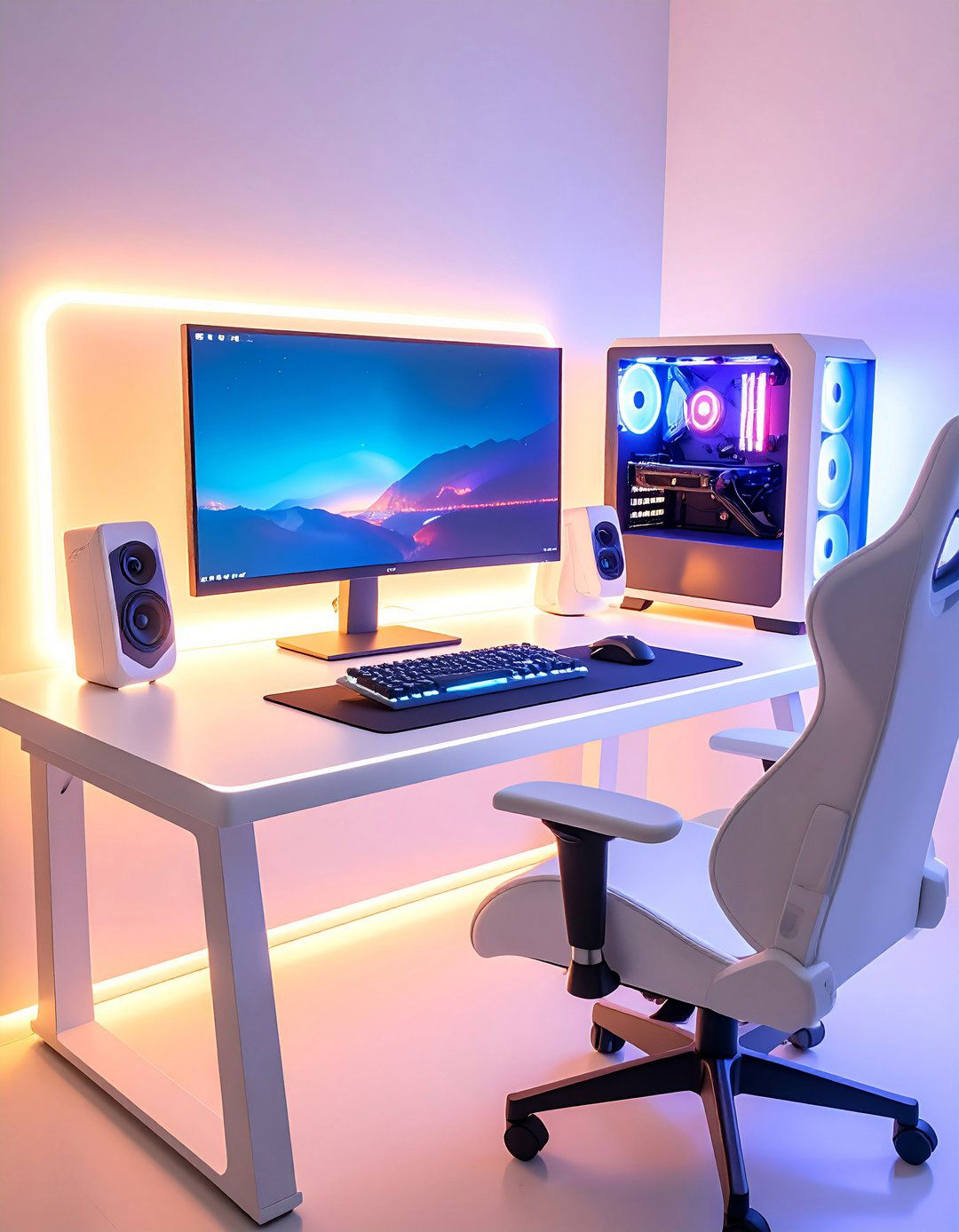 White Gaming Setup with Ambient Backlighting - 20 All White Gaming Setup Ideas