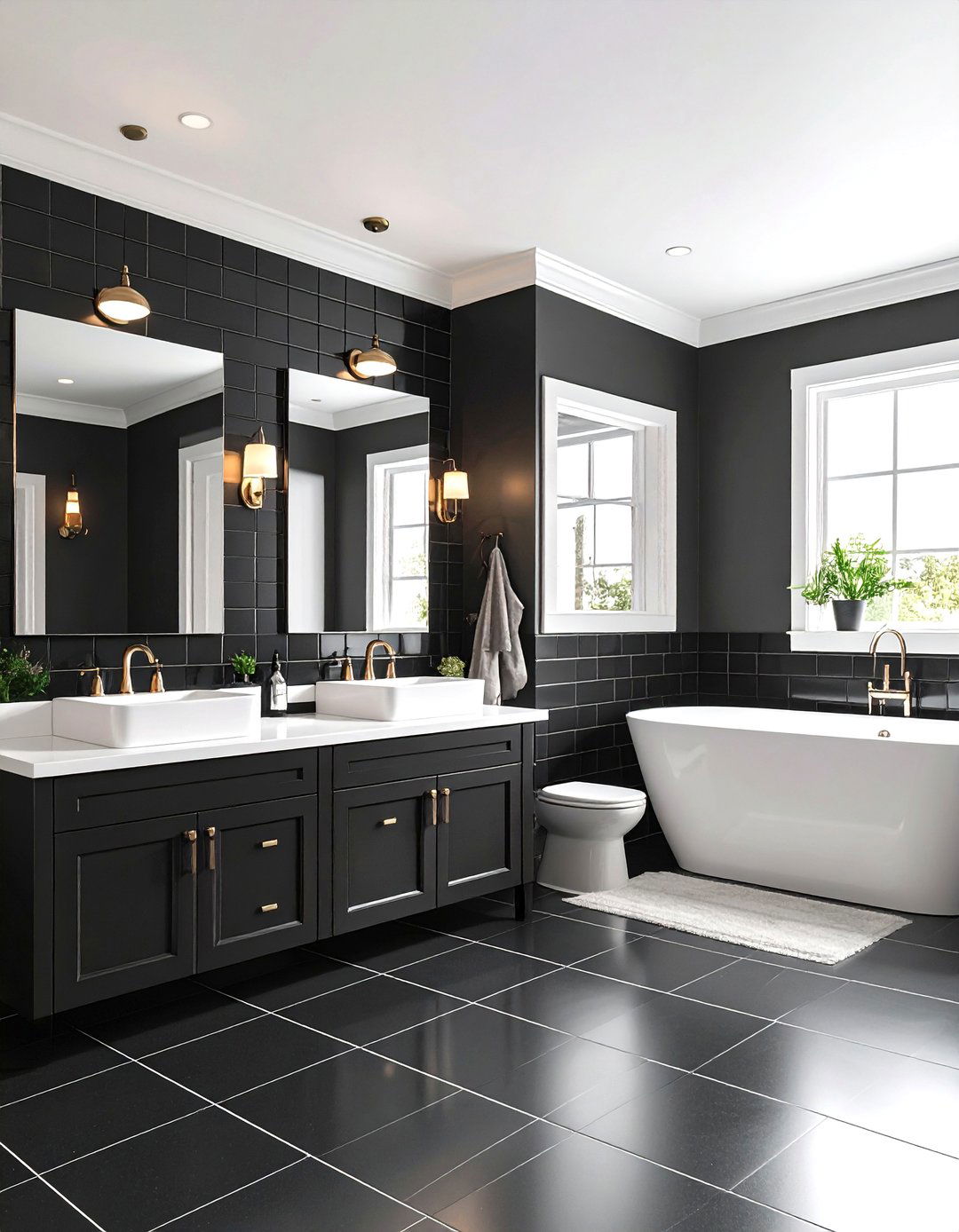 White Grouted Black Subway Tile Bathroom - 20 Black Tile Bathroom Ideas