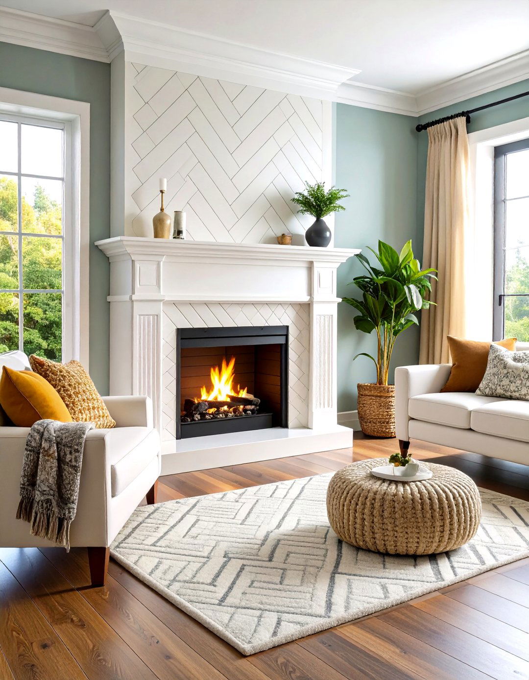 White Herringbone Pattern Fireplace Feature - 20 White Fireplace Ideas
