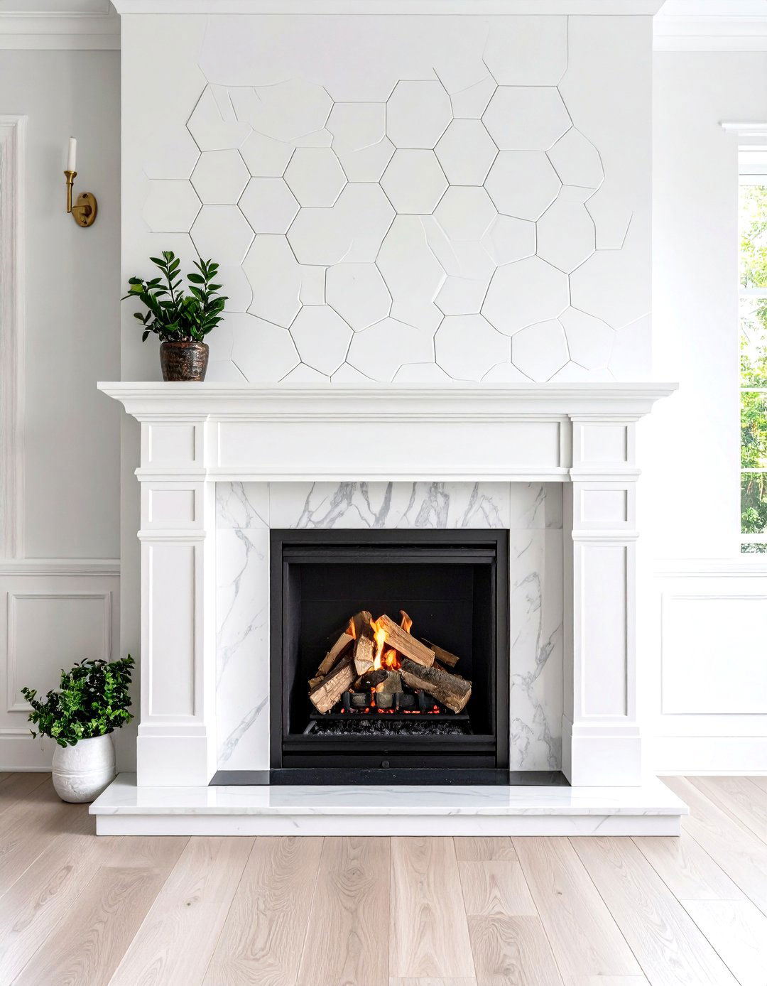 White Hexagon Tile Artistic Fireplace Design - 20 White Fireplace Ideas