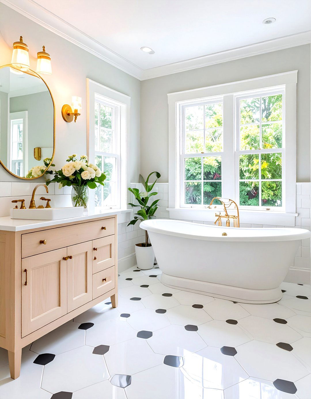 White Hexagon with Black Dot Bathroom With Hexagon Tile Floor - 20 Bathrooms With Hexagon Tile Floors