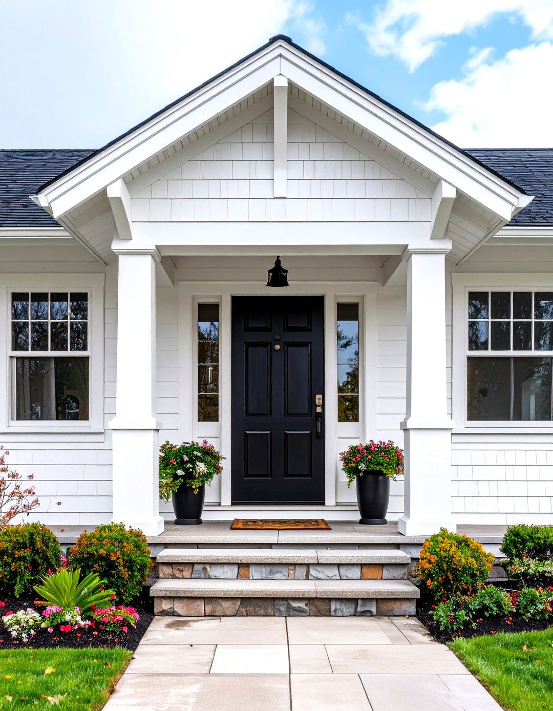 White House Craftsman with Black Wood Framed Door - 20 White House Ideas With Black Doors