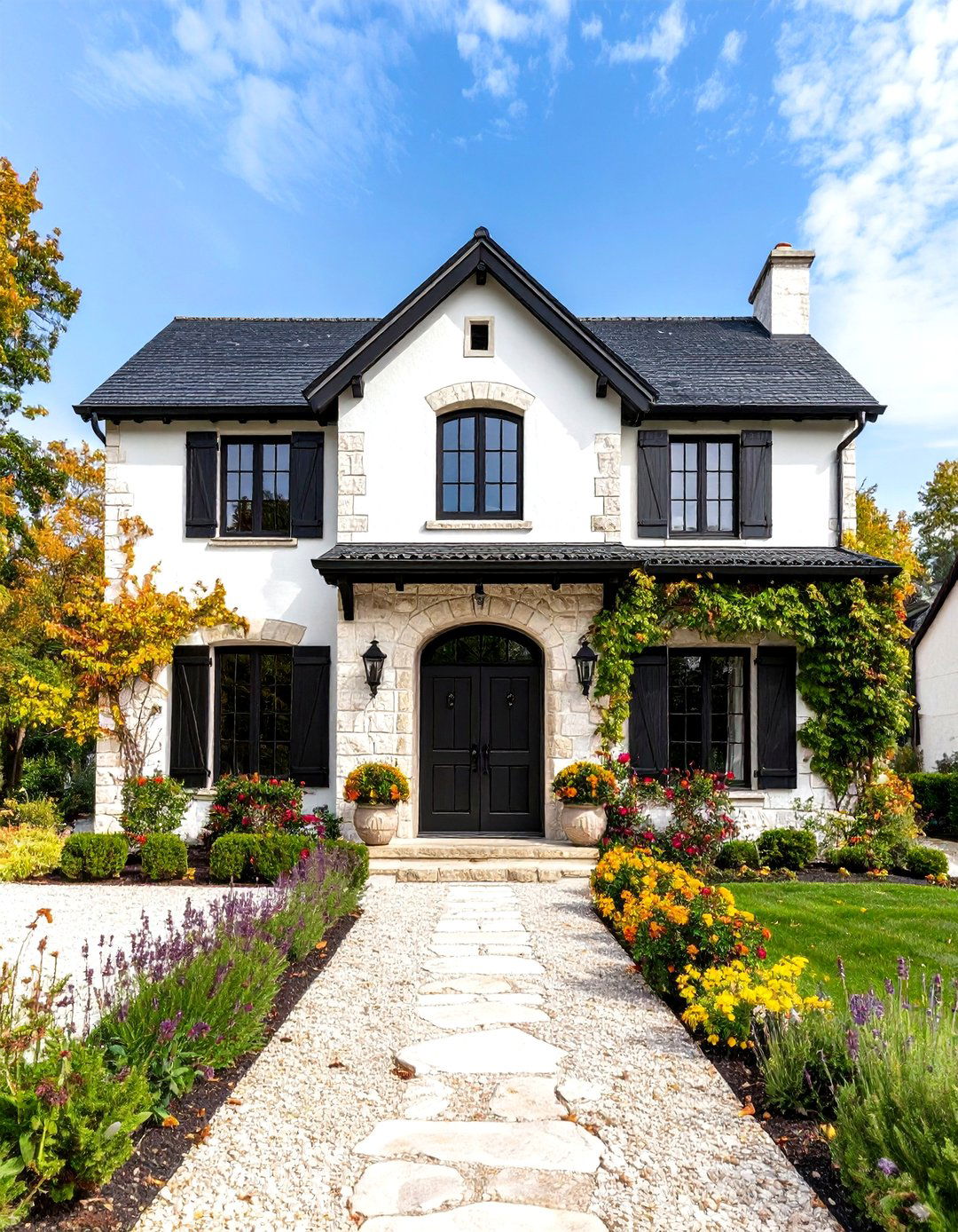 White House French Country with Black Double Door Entry - 20 White House Ideas With Black Doors