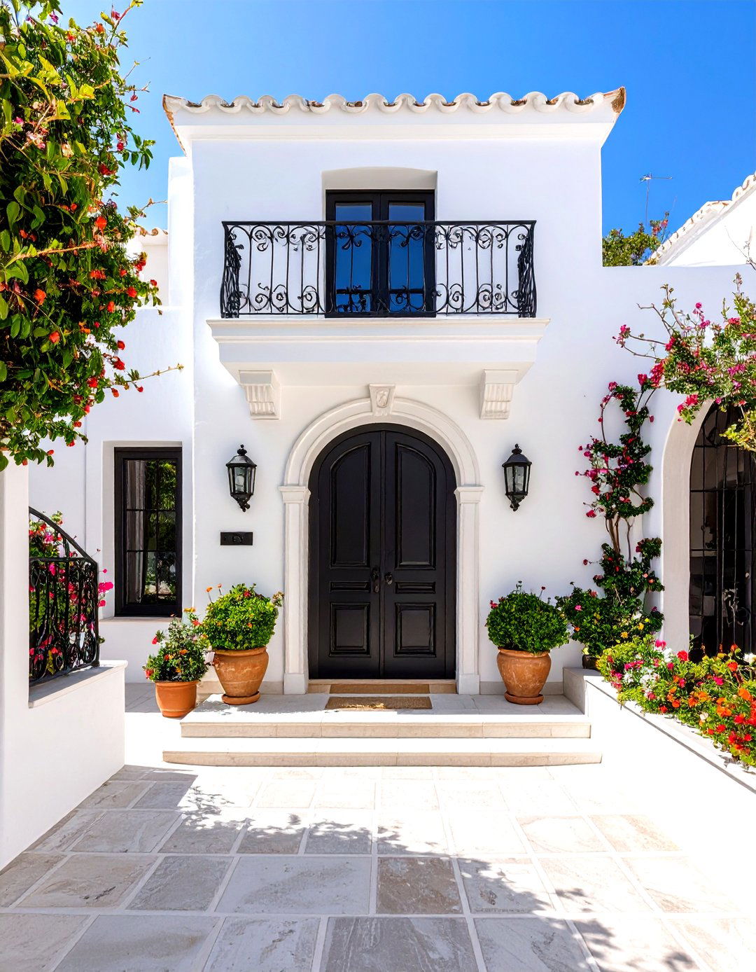White House Mediterranean Style with Black Wrought Iron Door - 20 White House Ideas With Black Doors