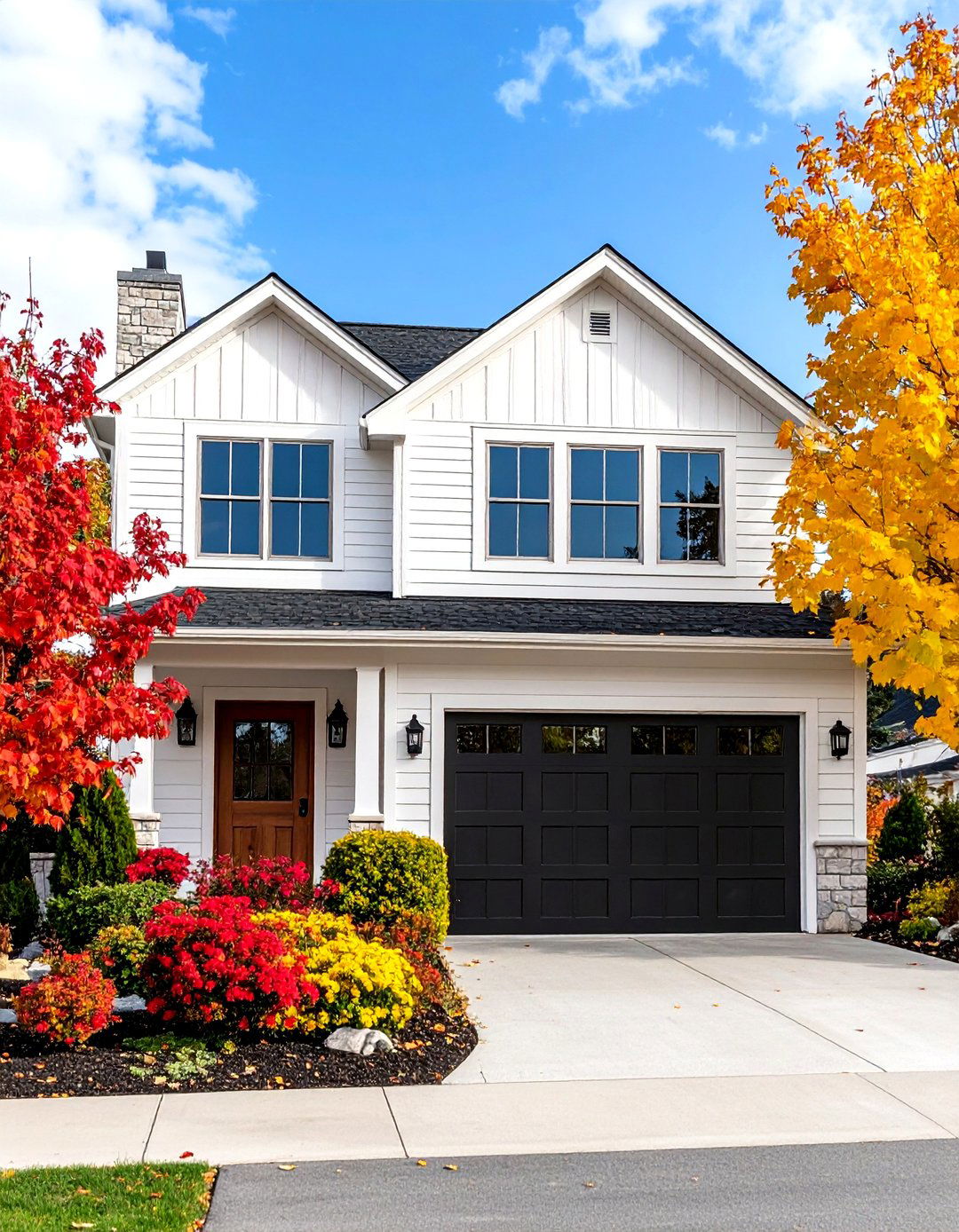 White House Ranch Style with Black Garage Door Integration - 20 White House Ideas With Black Doors