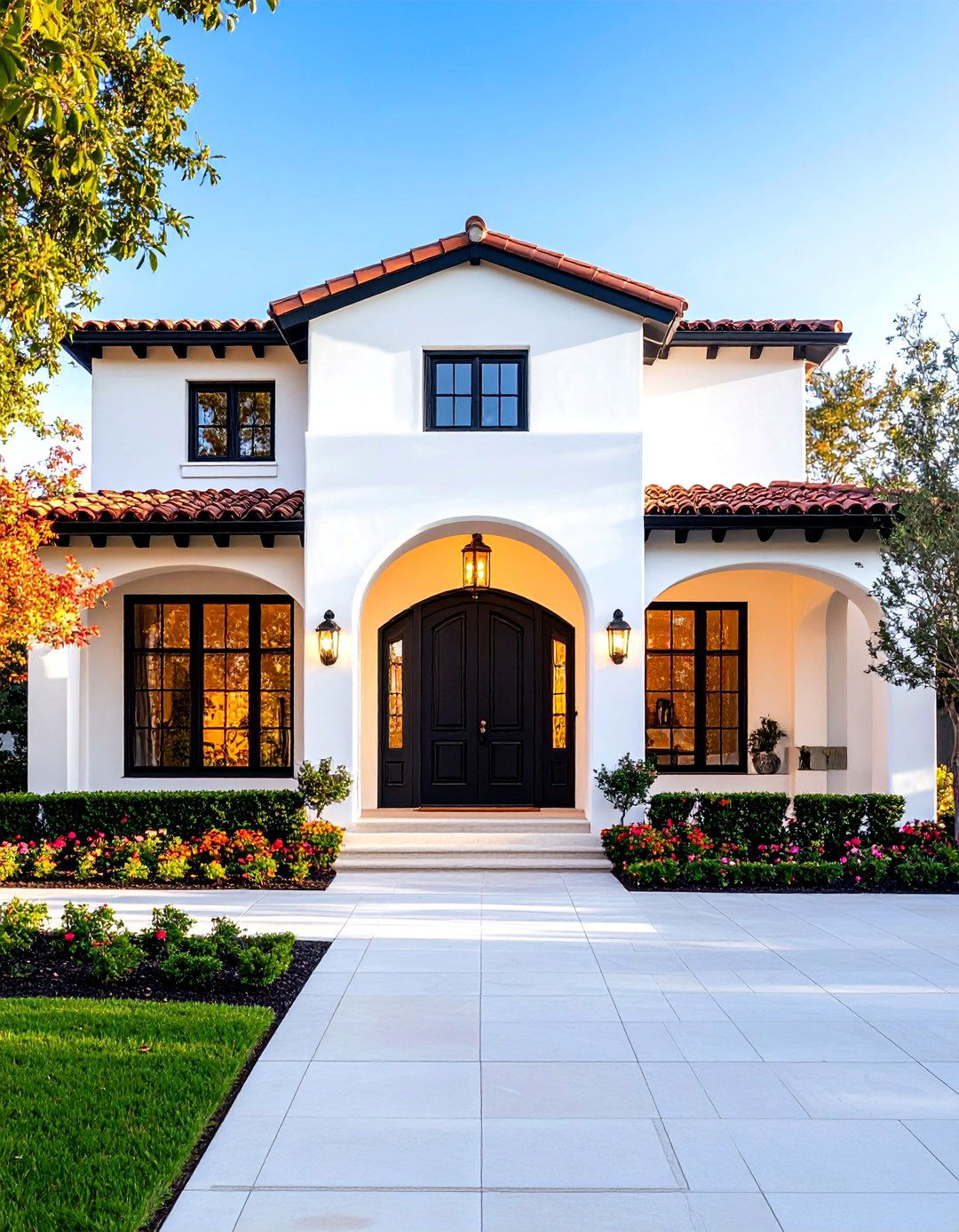 White House Spanish Revival with Black Carved Door - 20 White House Ideas With Black Doors