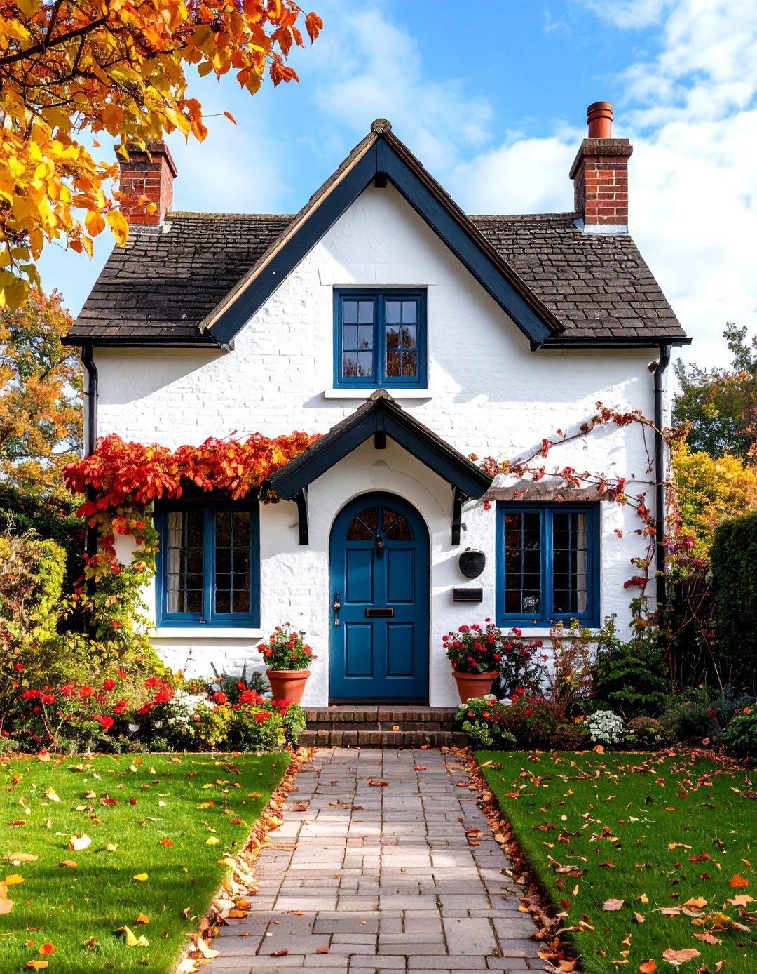 White House Tudor Revival with Black Arched Door - 20 White House Ideas With Black Doors