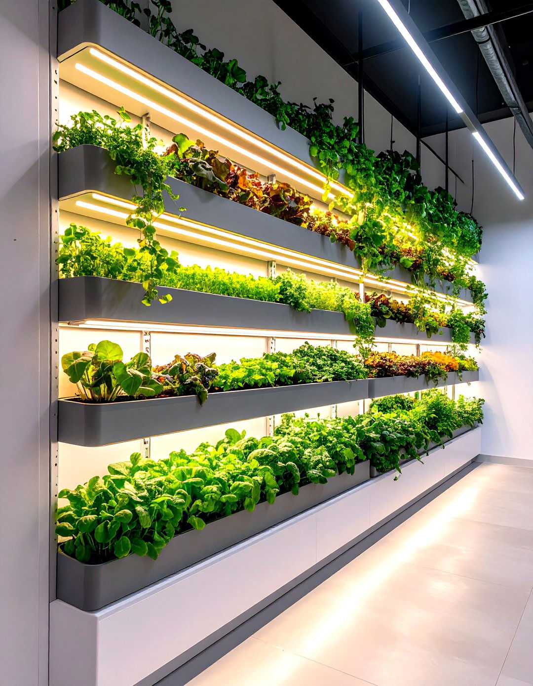 White Indoor Vertical Garden with Grey Planters - 20 Grey and White House Interior Design Ideas