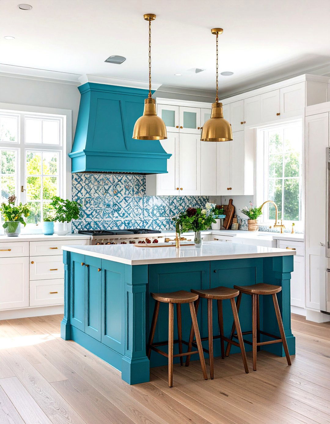 White Kitchen Cabinets with Blue Island and Waterfall Edge Counters - 20 White Kitchen Cabinets With Blue Island