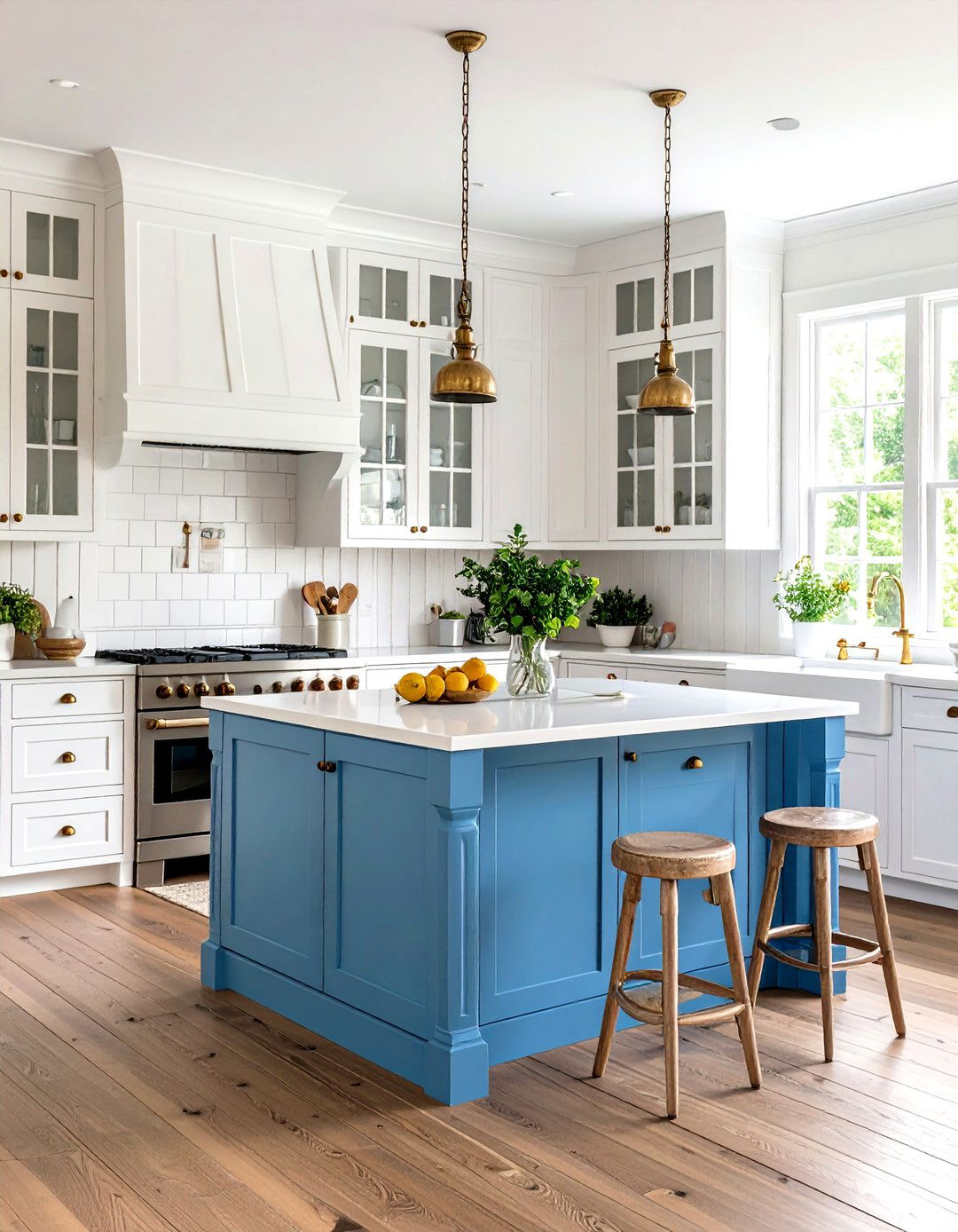 White Kitchen Cabinets with Blue Note Island and Brass Accents - 20 White Kitchen Cabinets With Blue Island
