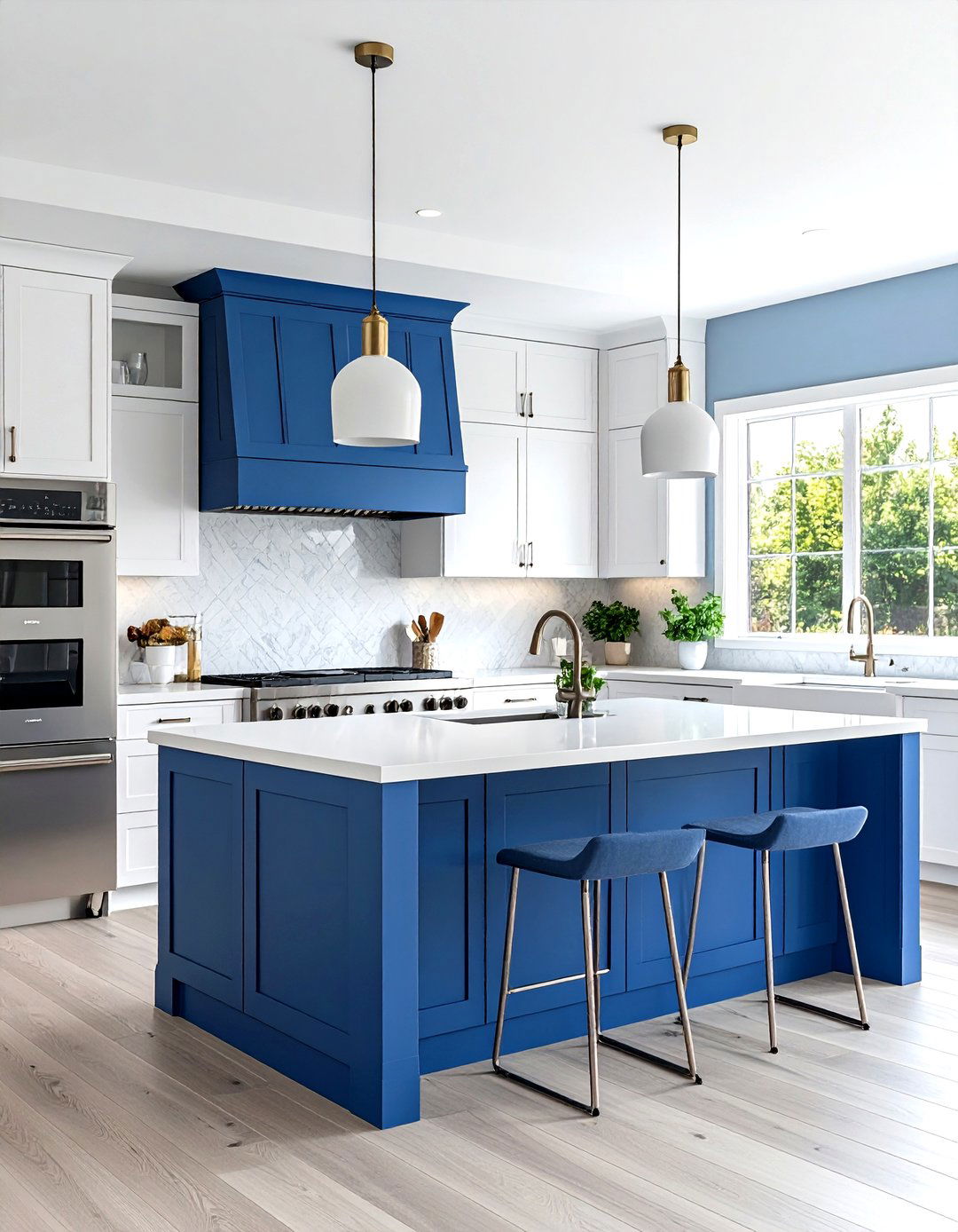 White Kitchen Cabinets with Bold Cobalt Blue Island for Modern Homes - 20 White Kitchen Cabinets With Blue Island