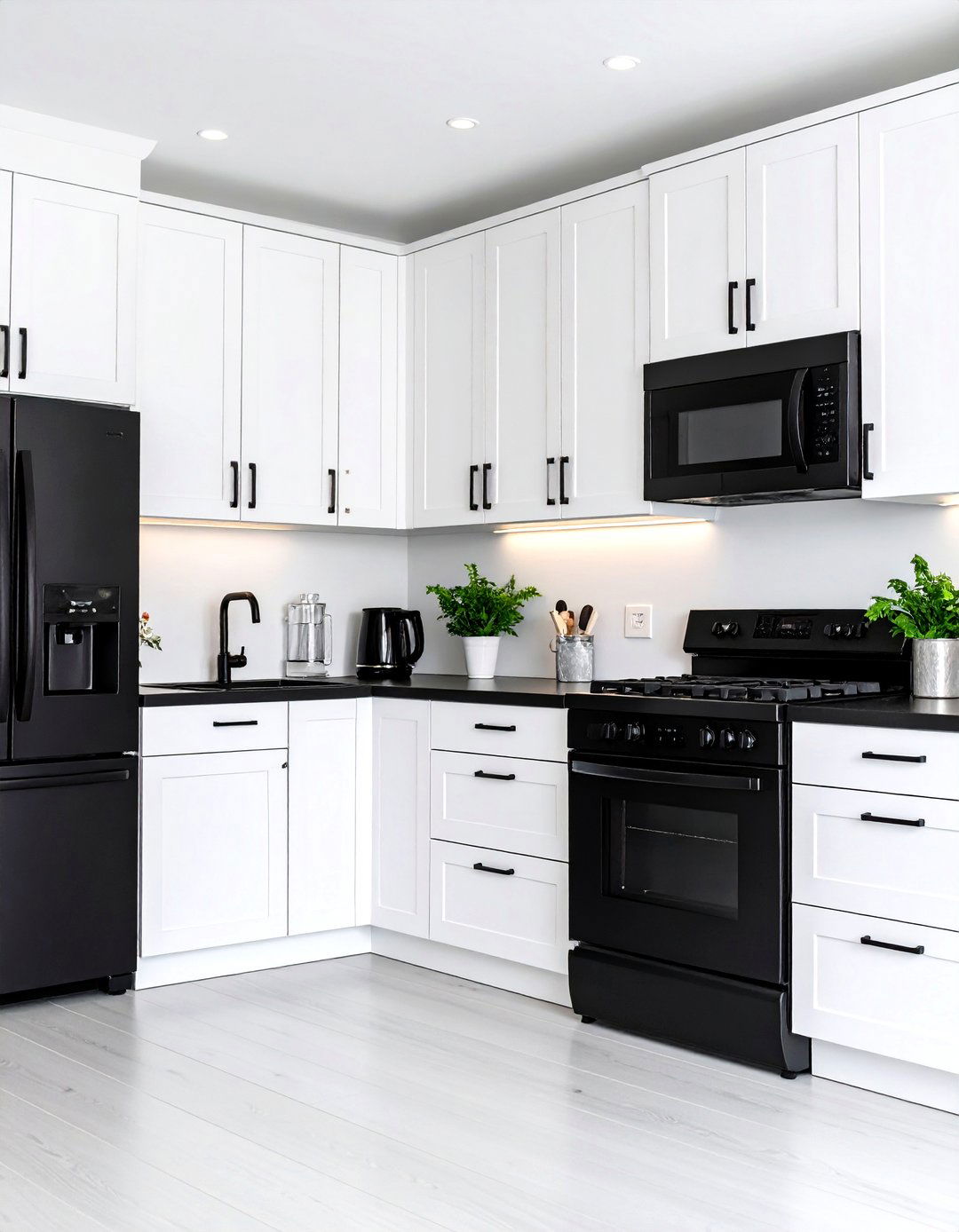 White Kitchen with Black Appliances Black Hardware Contrast - 20 White Kitchen with Black Appliances Ideas