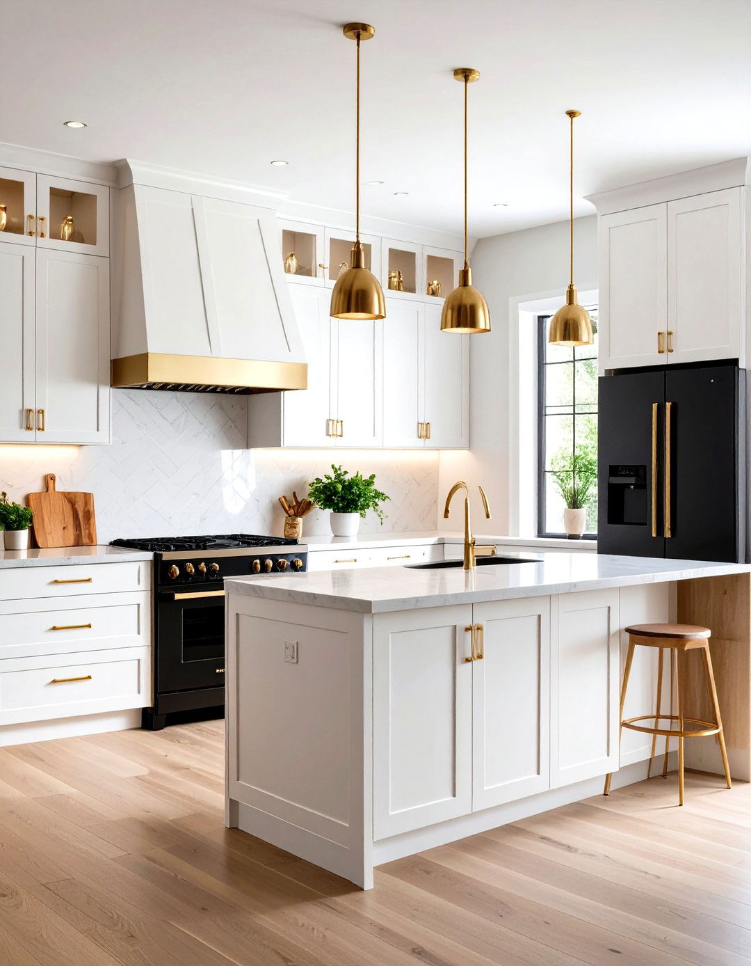 White Kitchen with Black Appliances Brass Accent Integration - 20 White Kitchen with Black Appliances Ideas