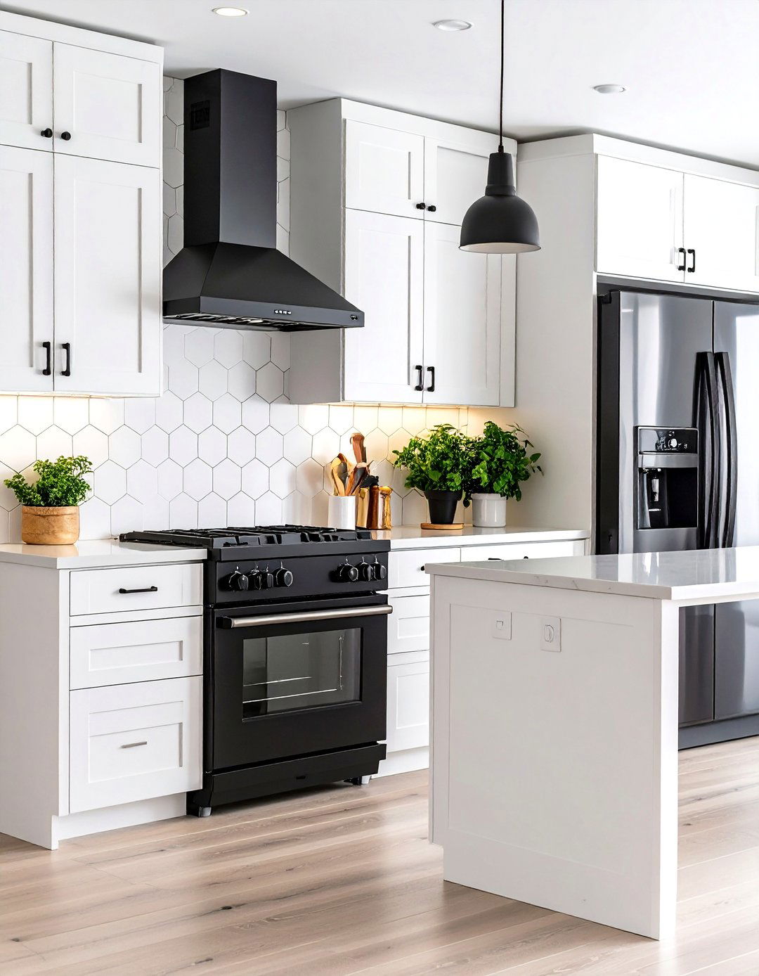 White Kitchen with Black Appliances Geometric Backsplash Pattern - 20 White Kitchen with Black Appliances Ideas