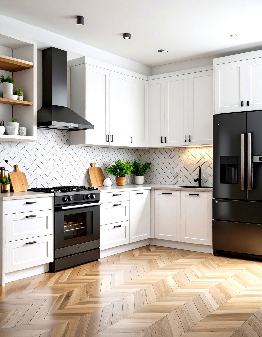 White Kitchen with Black Appliances Herringbone Tile Feature - 20 White Kitchen with Black Appliances Ideas
