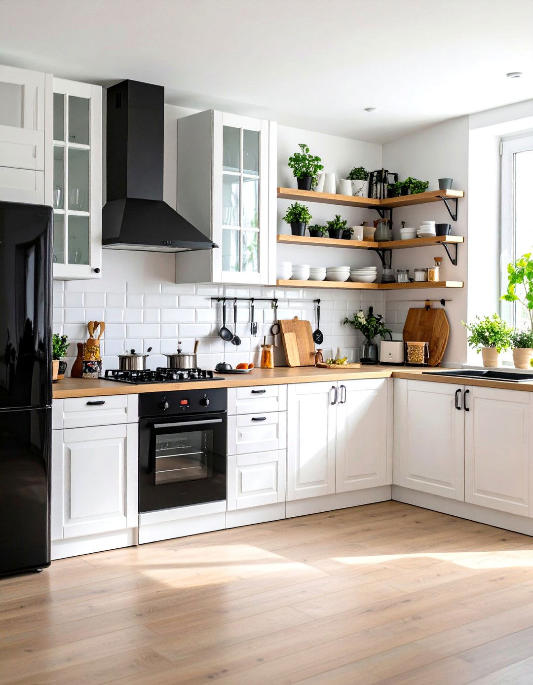 White Kitchen with Black Appliances Open Shelving Concept - 20 White Kitchen with Black Appliances Ideas