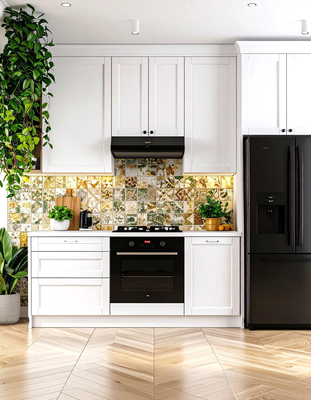 White Kitchen with Black Appliances Textured Tile Backsplash - 20 White Kitchen with Black Appliances Ideas