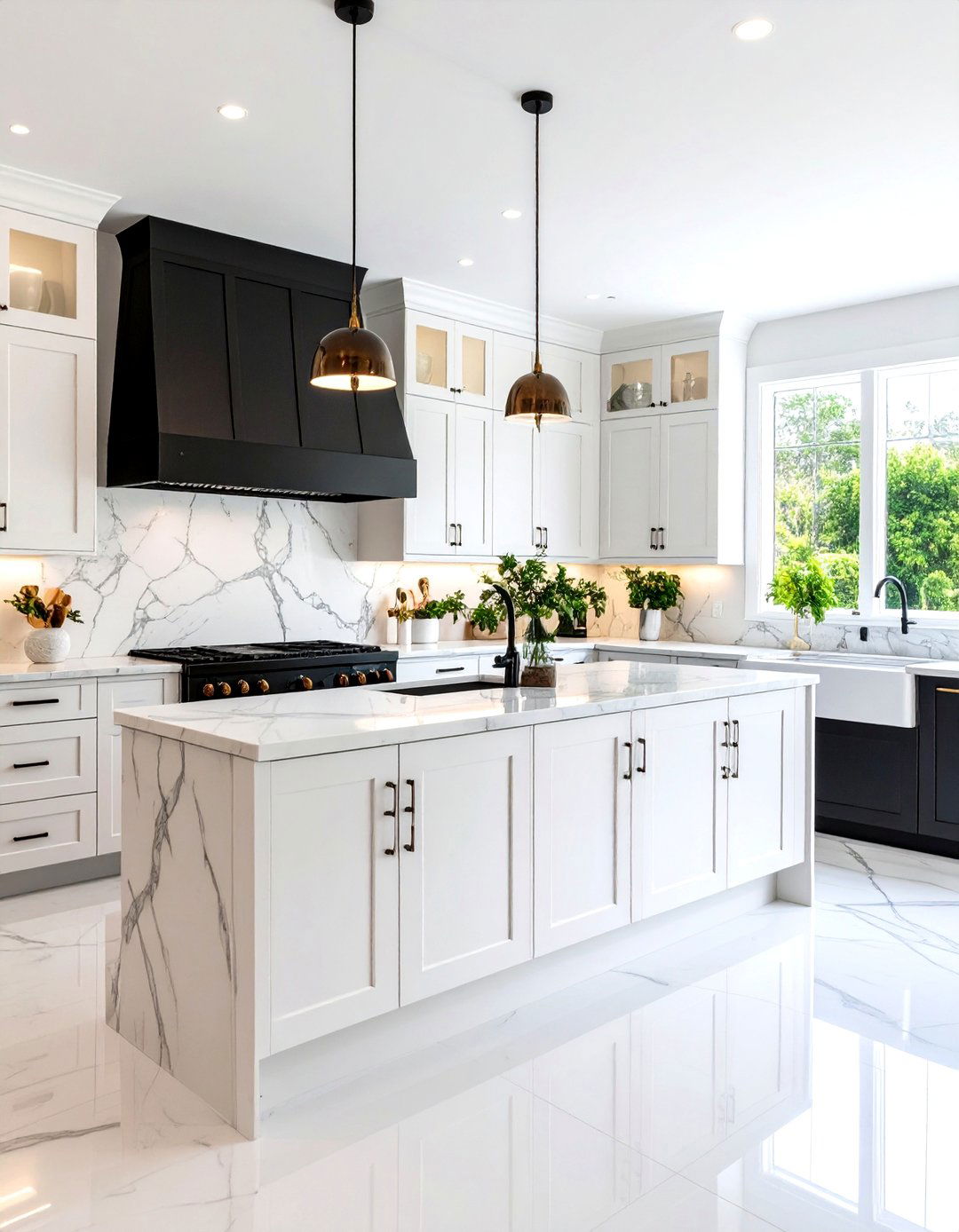 White Kitchen with Black Appliances Transitional Marble Backsplash - 20 White Kitchen with Black Appliances Ideas