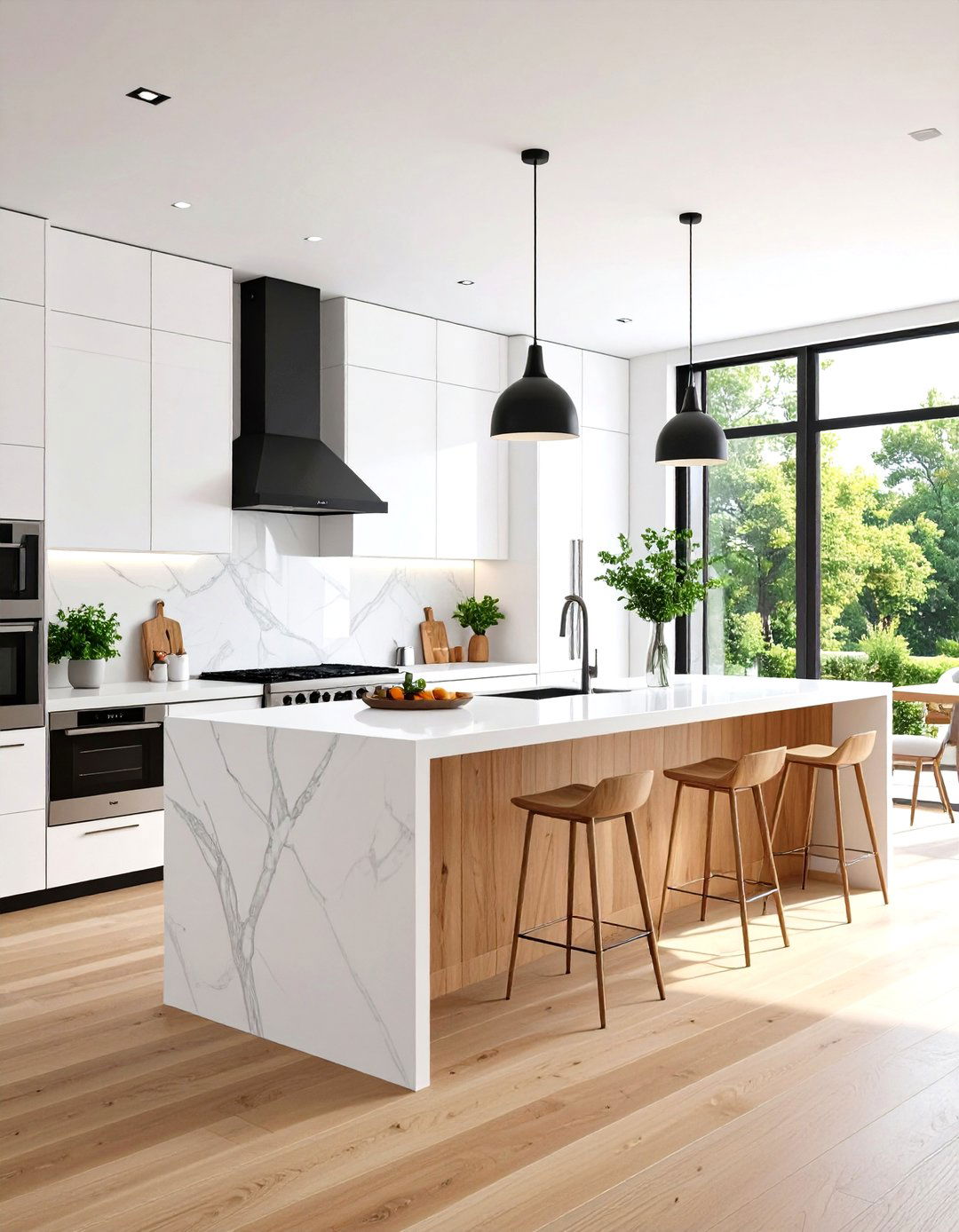 White Kitchen with Black Appliances Waterfall Island Design - 20 White Kitchen with Black Appliances Ideas