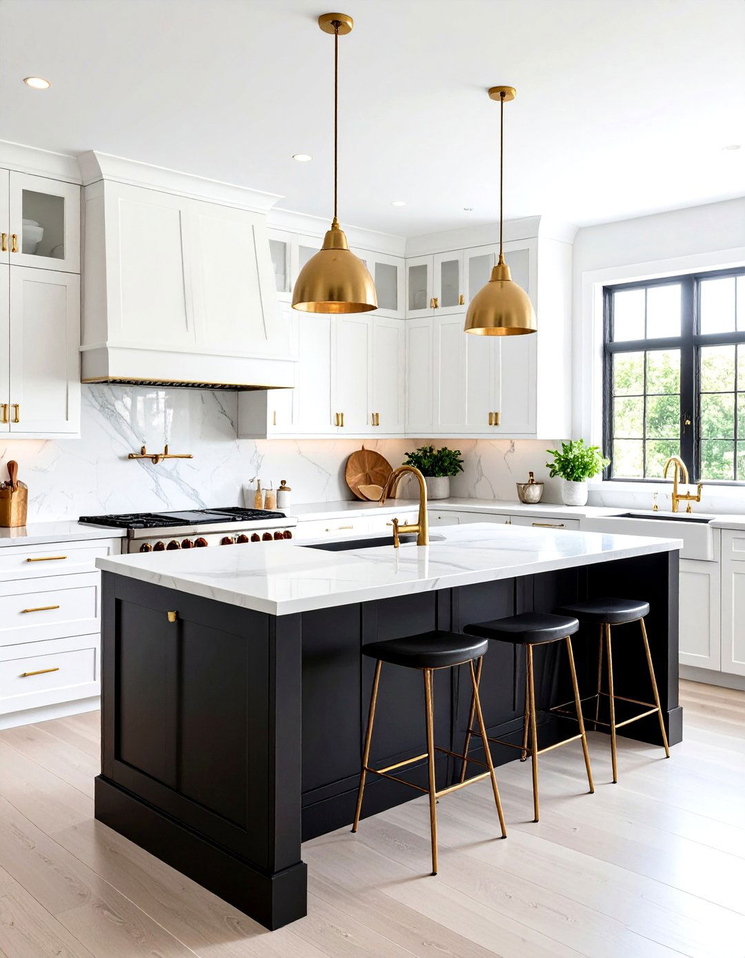 White Kitchen with Black Island and Brass Accents - 20 white kitchen ideas with black island