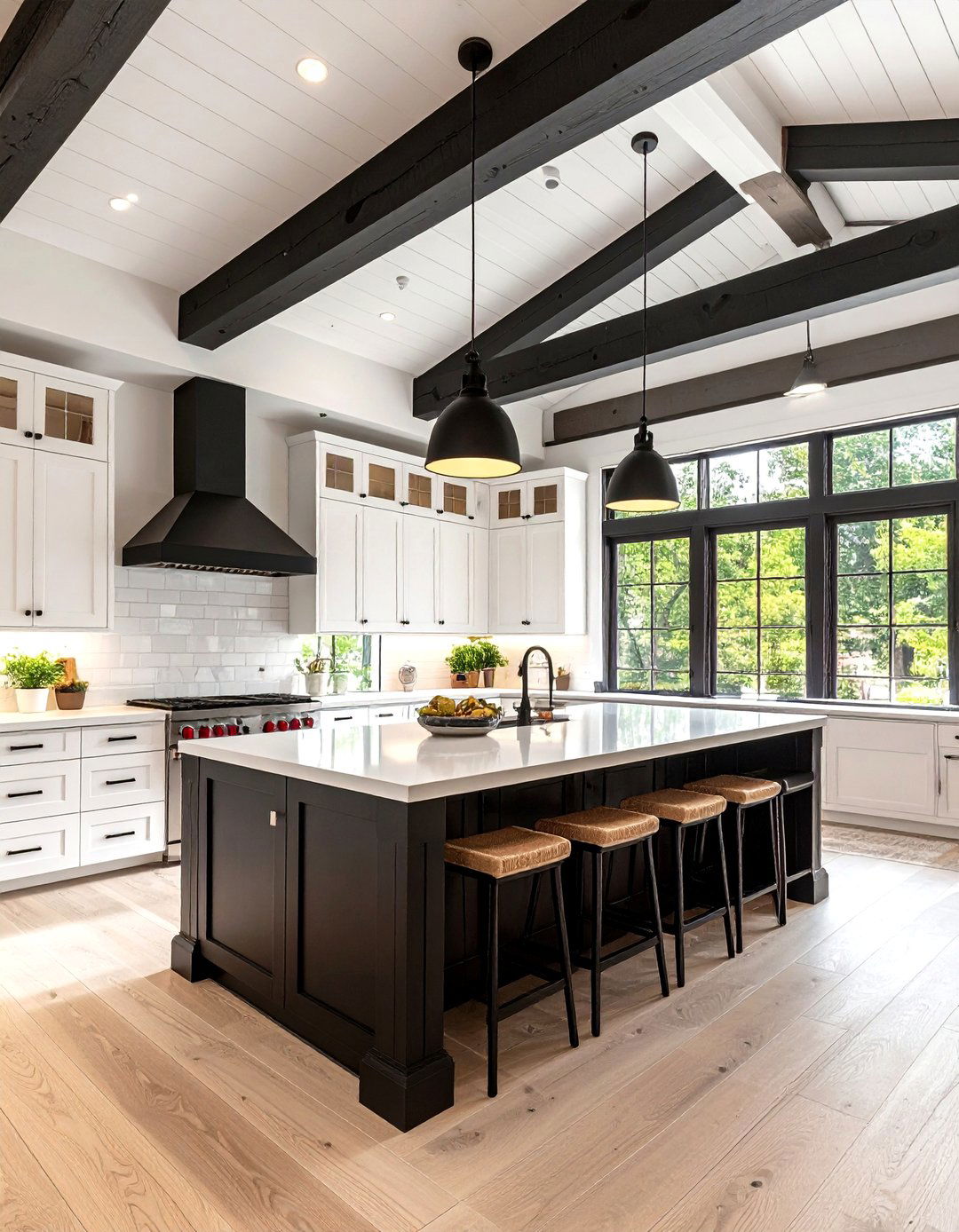 White Kitchen with Black Island and Ceiling Beams - 20 white kitchen ideas with black island